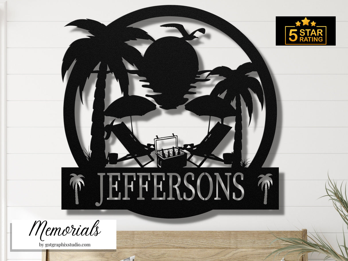 Custom Family Name Beach Sign - Outdoor Beach House Metal Wall Decor