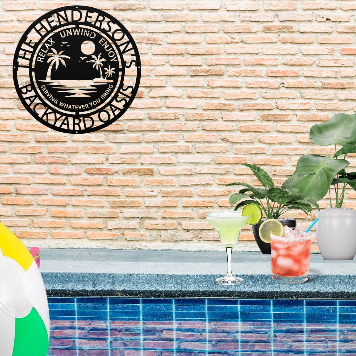 Decorative Summer Decor Metal Sign Wall Art, Personalized Family Backyard Oasis Hanging Decor, Exterior Laser Cut Metal Steel Outdoor Sign