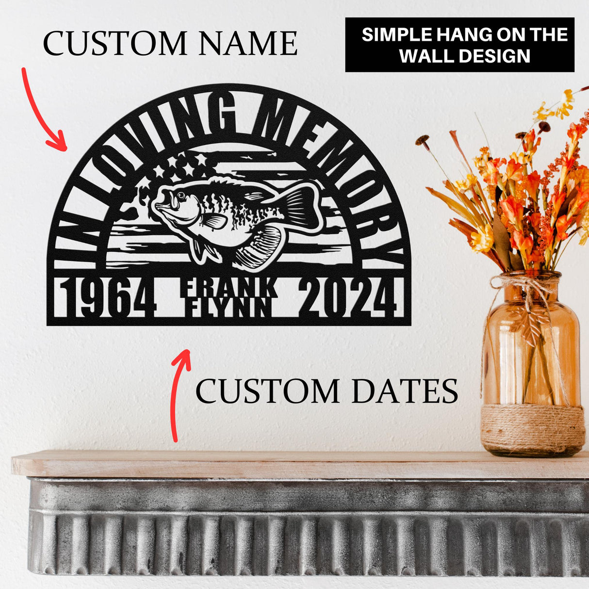 Fisherman Memorial Gift | Personalized Crappie Fish American Flag Dad Remembrance | RIP Memorial Sympathy Gift for Men | Fishing In Heaven