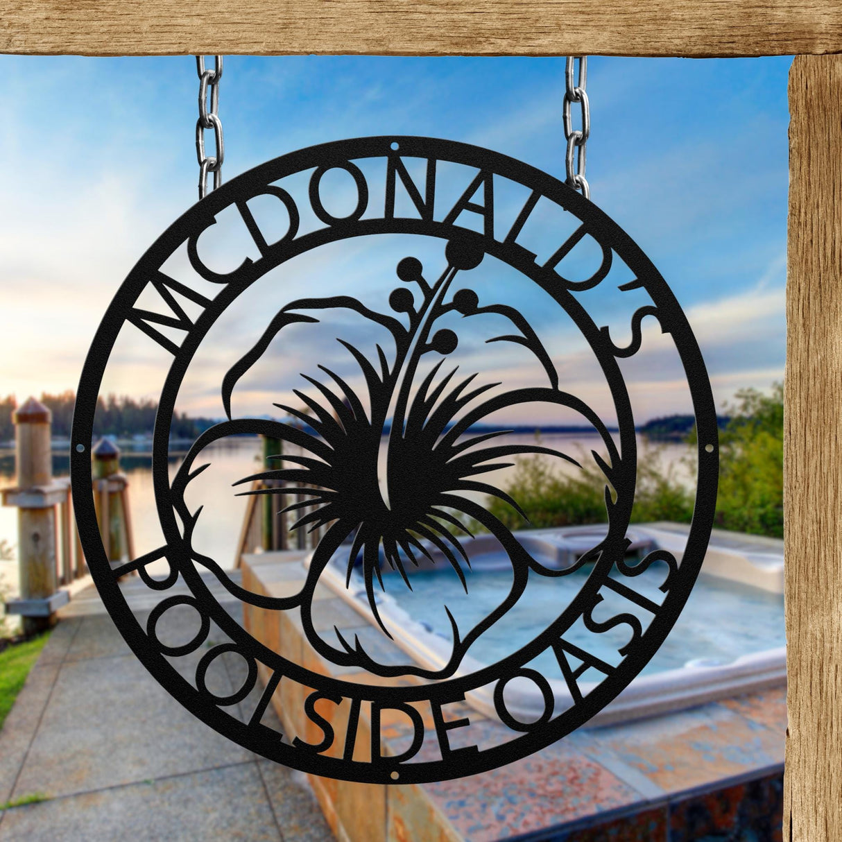 Decorative Hibiscus Poolside Oasis Metal Sign, Personalized Family Poolside Beach Condo Hanging Decor, Exterior Laser Cut Metal Wall Art