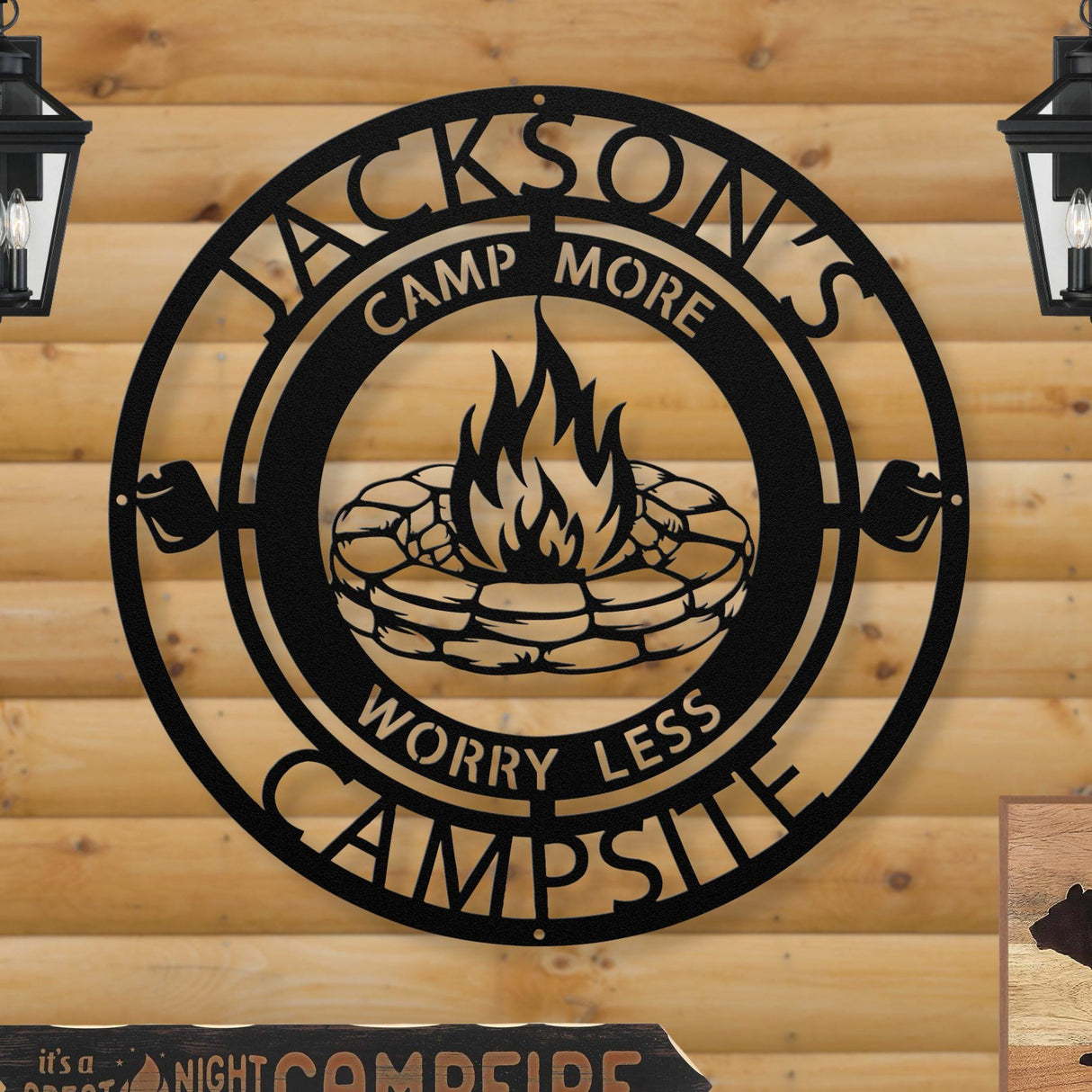 Camp More Worry Less Sign for Family Campsite | Personalized Last Name Large Outdoor Camping Decor | Log Cabin Camping Gifts