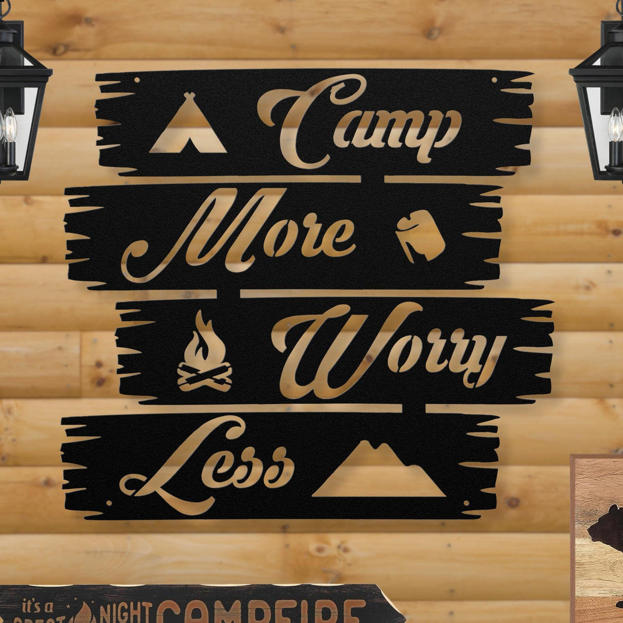 Camp More Worry Less Sign for Family Campsite | Personalized Last Name Large Outdoor Camping Decor | Log Cabin Camping Gifts
