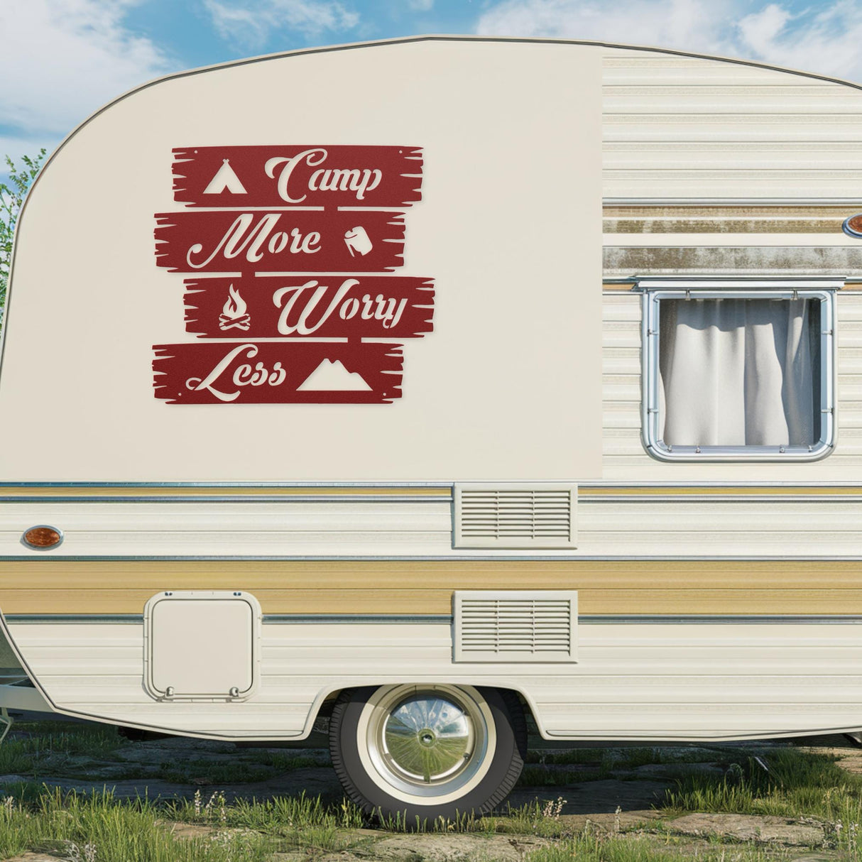 Camp More Worry Less Sign for Family Campsite | Personalized Last Name Large Outdoor Camping Decor | Log Cabin Camping Gifts