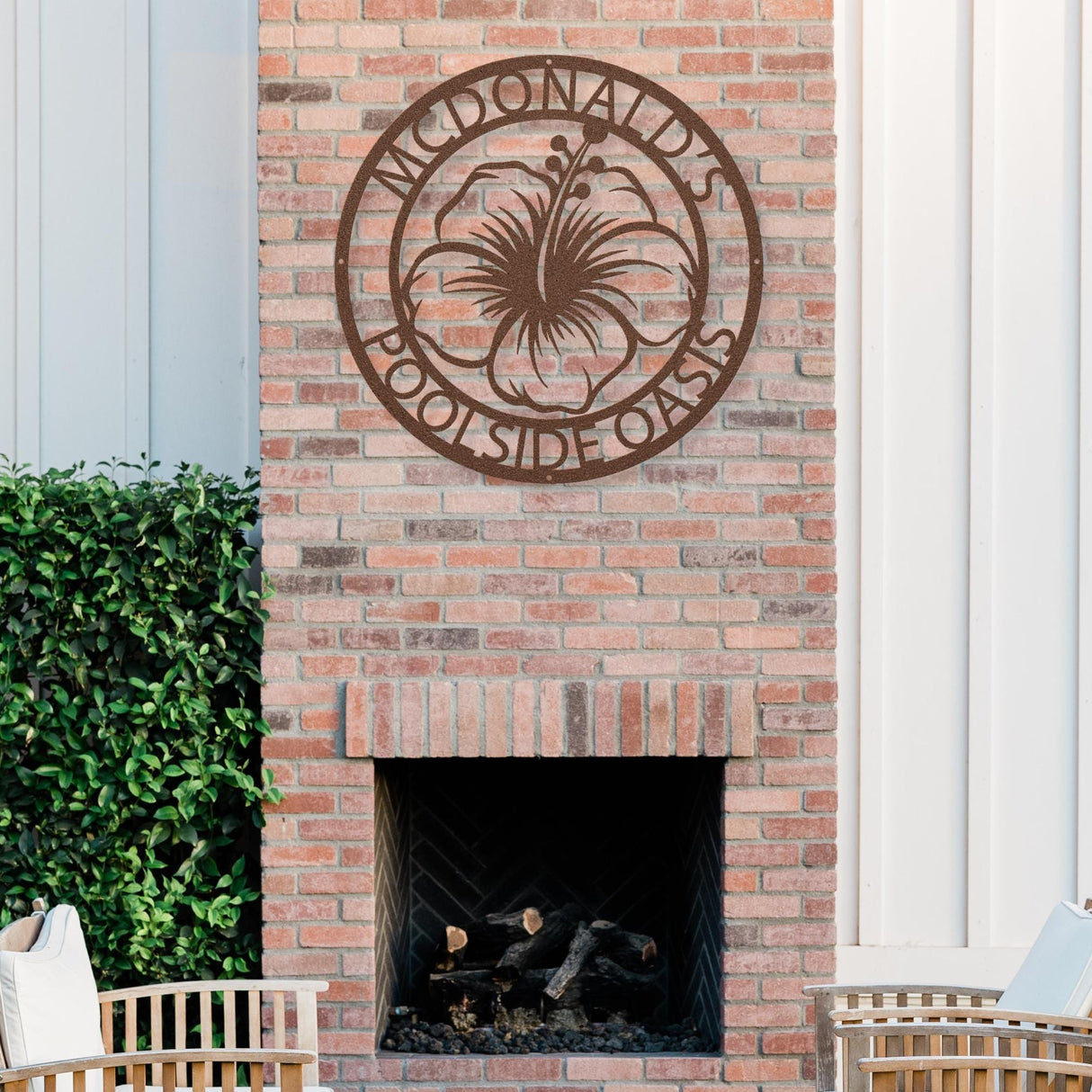 Decorative Hibiscus Poolside Oasis Metal Sign, Personalized Family Poolside Beach Condo Hanging Decor, Exterior Laser Cut Metal Wall Art