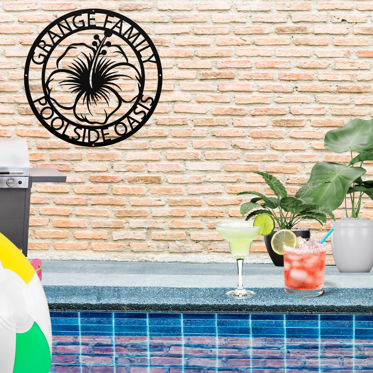 Decorative Hibiscus Poolside Oasis Metal Sign, Personalized Family Poolside Beach Condo Hanging Decor, Exterior Laser Cut Metal Wall Art