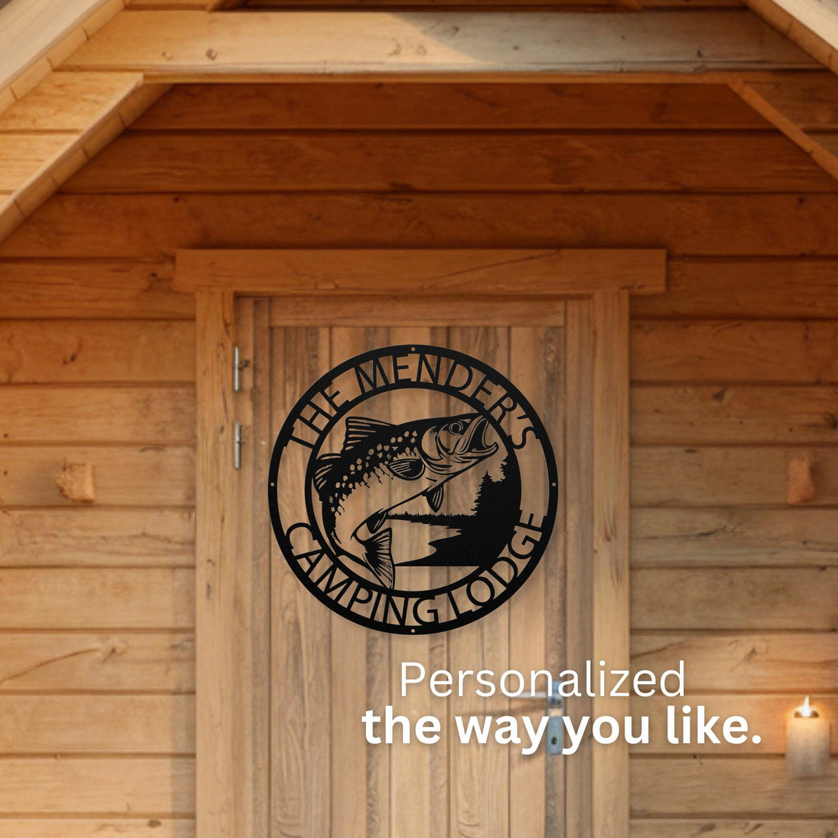 Fishing Cabin Decor | Personalized Trout Fish Rustic Hanging Decor | Exterior Metal Wall Art | Log Cabin Camping Campsite Metal Outdoor