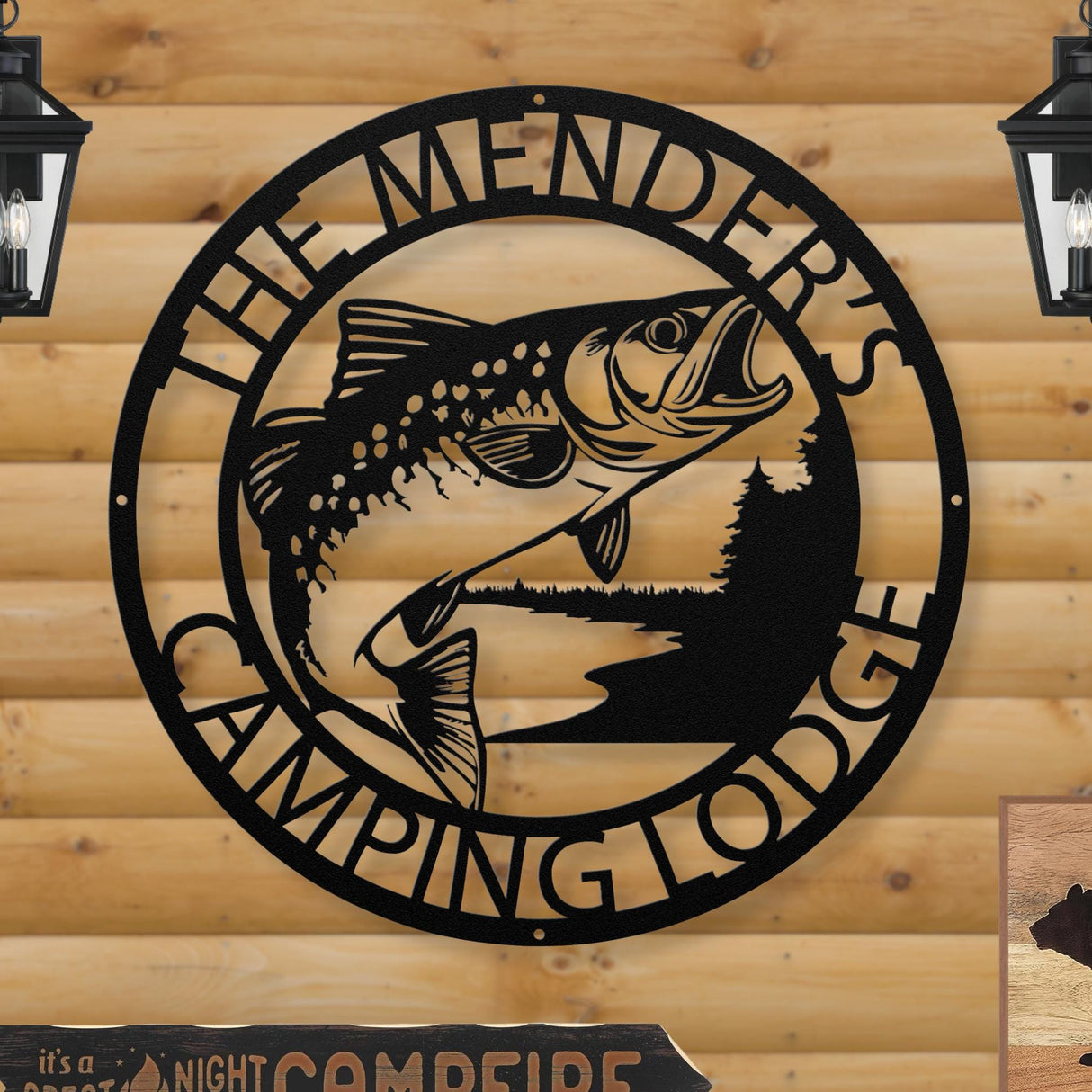 Fishing Cabin Decor | Personalized Trout Fish Rustic Hanging Decor | Exterior Metal Wall Art | Log Cabin Camping Campsite Metal Outdoor