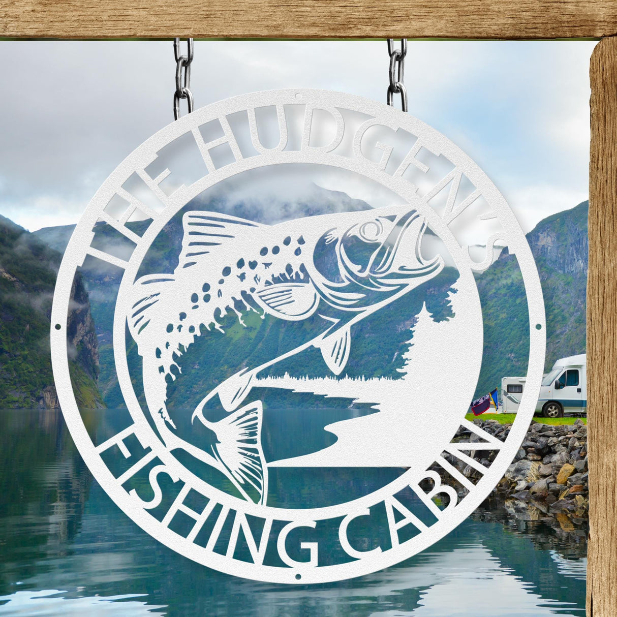 Fishing Cabin Decor | Personalized Trout Fish Rustic Hanging Decor | Exterior Metal Wall Art | Log Cabin Camping Campsite Metal Outdoor
