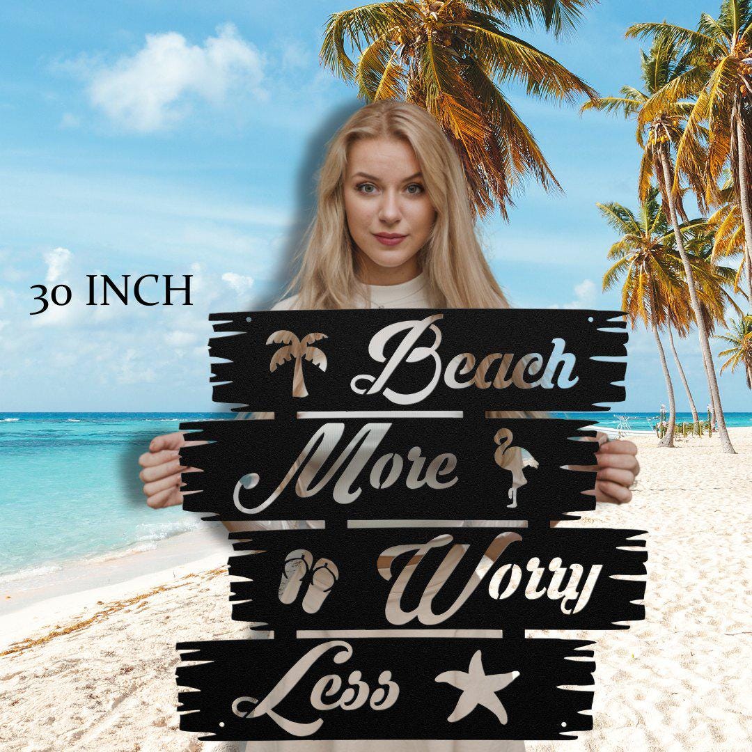 Beach More Worry Less Sign for Family Beach House Large Tropical Outdoor Summer Vacation Home Decor