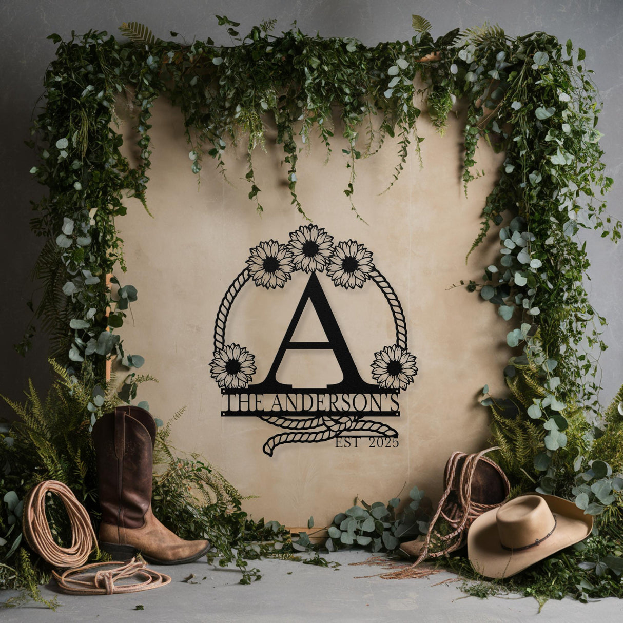 Monogram Western Wedding Gift Personalized Couples Rustic Wall Decor Farmhouse Last Name Hanging Outdoor Wall Art Indoor Metal Sign