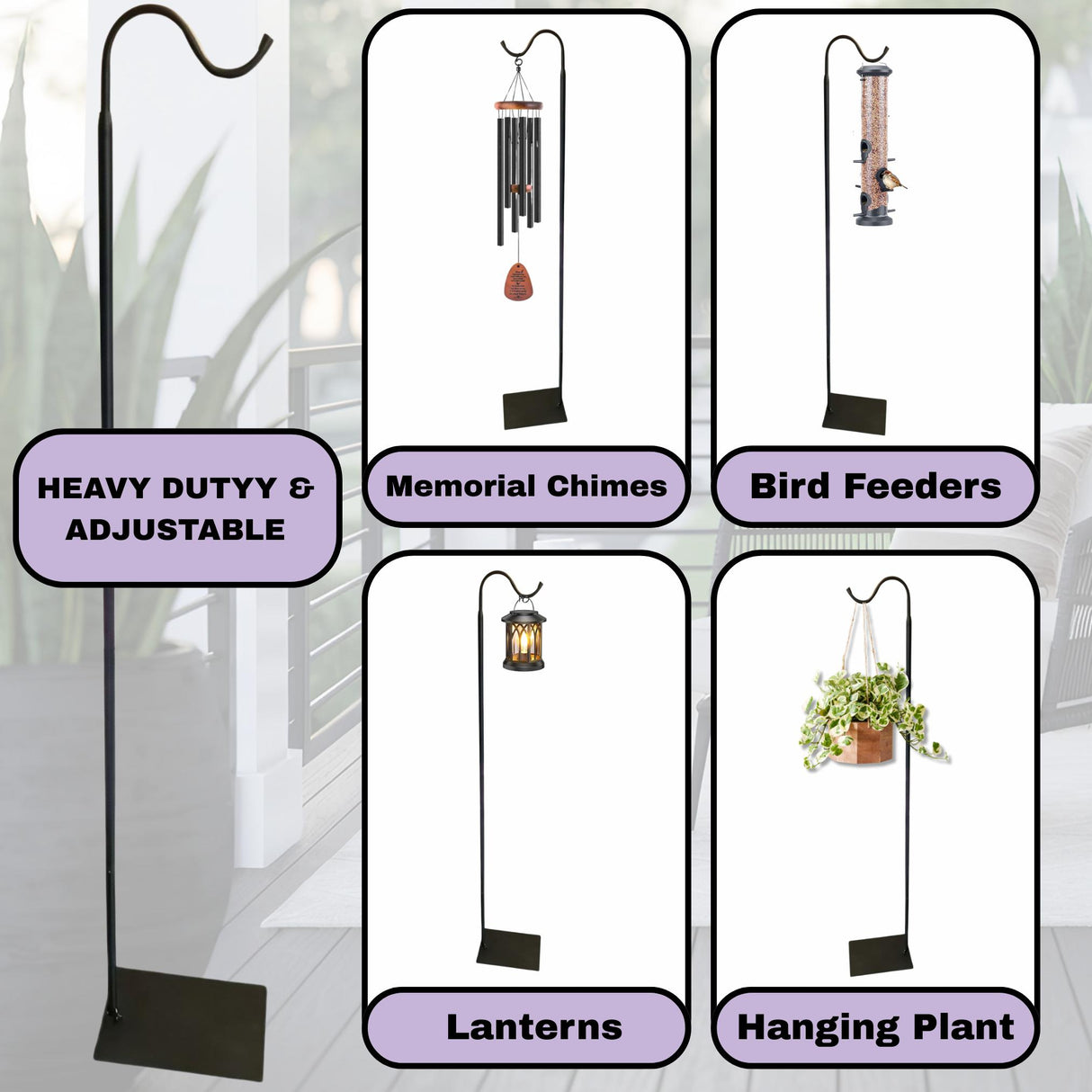 Adjustable Shepherds Hook Floor Stand For Wind Chimes Hanging Lantern Hook 60 Inch Freestanding Bird Feeders Flowers