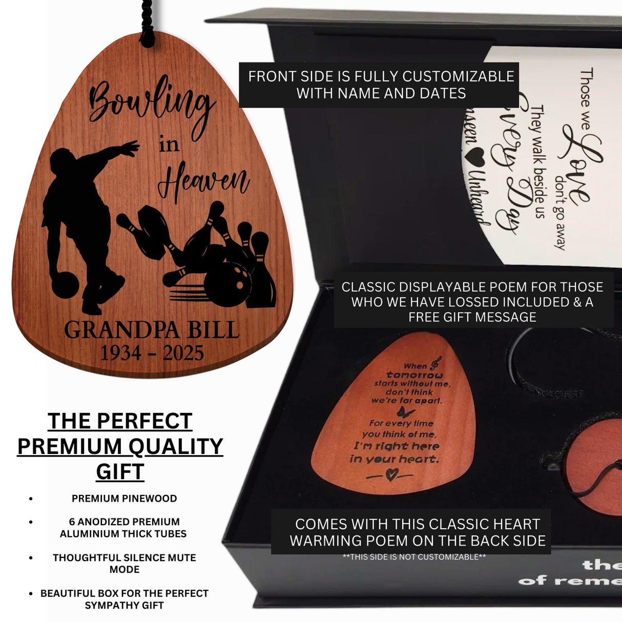 Box Fathers Day Gift for Dad Loss Bowler Tribute Bowling in Heaven Wind Chimes Boxed Gift