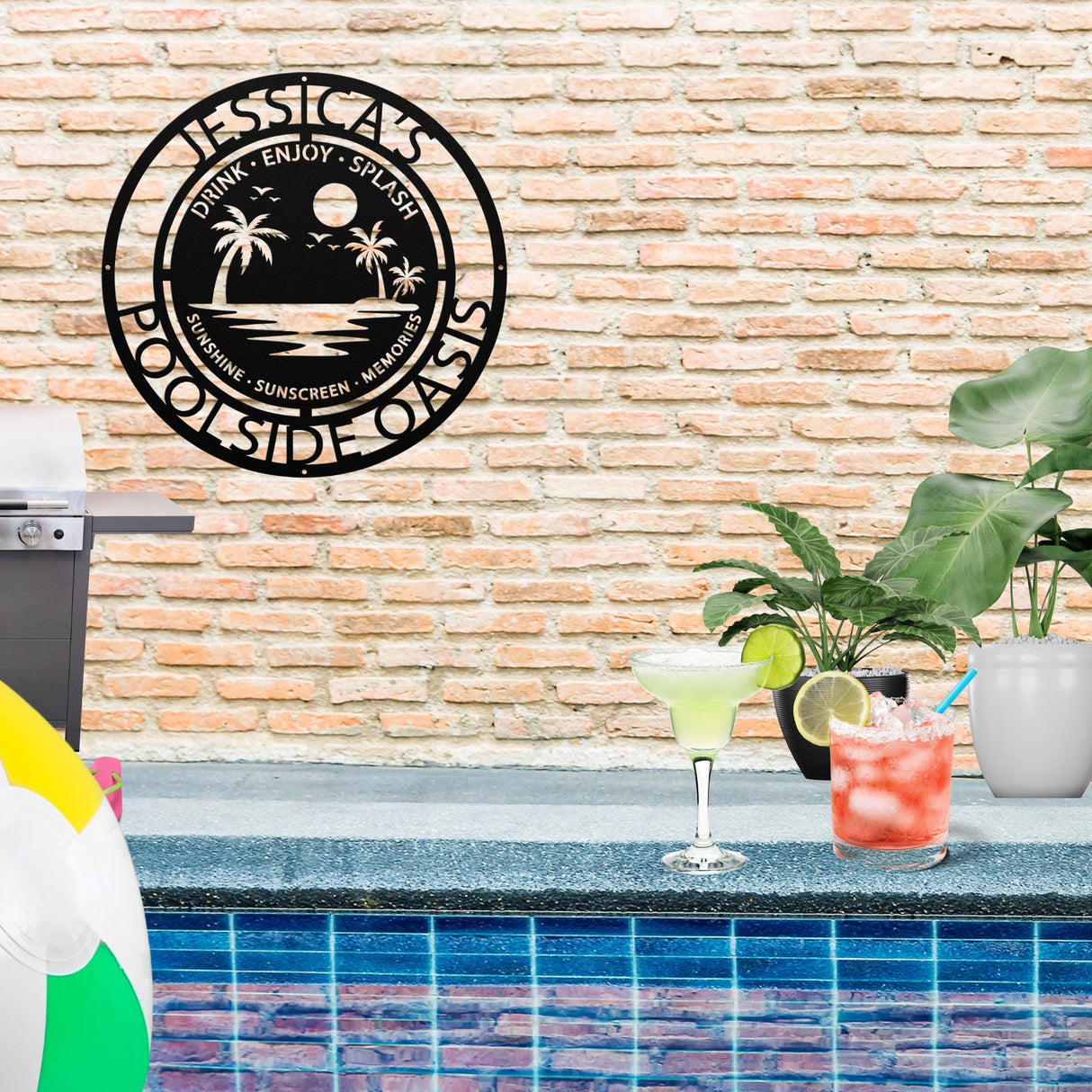 Flip-Flops & Sunscreen Poolside Sign Tropical Metal Wall Art Personalized Family Backyard Splash Memories Décor Summer Patio Sign