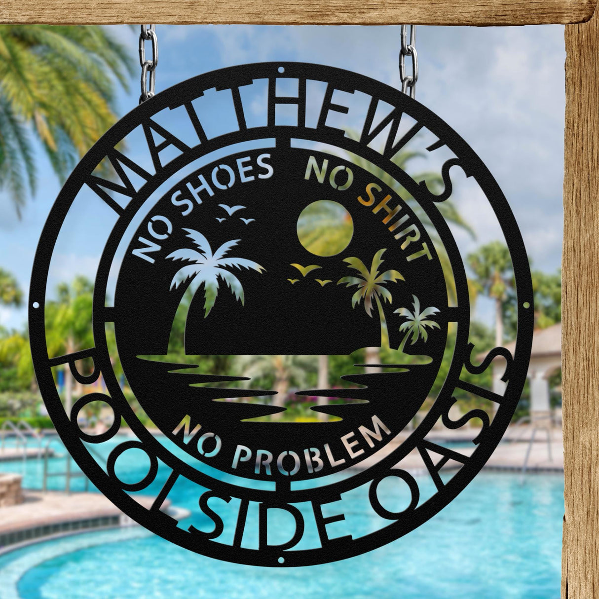 Backyard Pool Sign Metal Custom Family Poolside Decor No Shoes Shirt Problem Beach House Wall Art Funny Outdoor Patio Pool Owner Gift