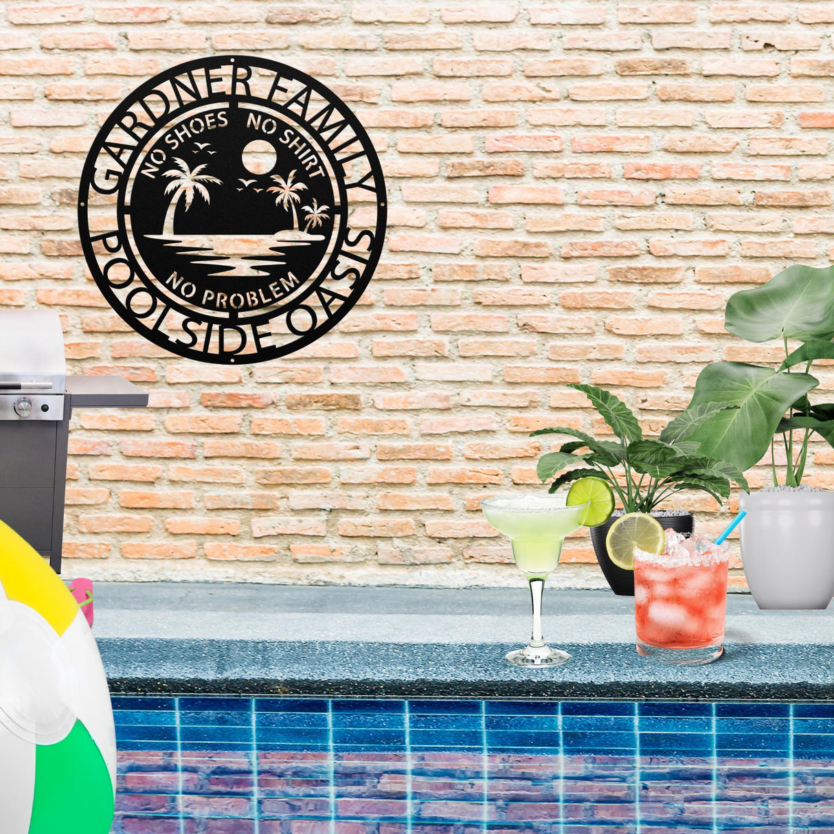 Backyard Pool Sign Metal Custom Family Poolside Decor No Shoes Shirt Problem Beach House Wall Art Funny Outdoor Patio Pool Owner Gift