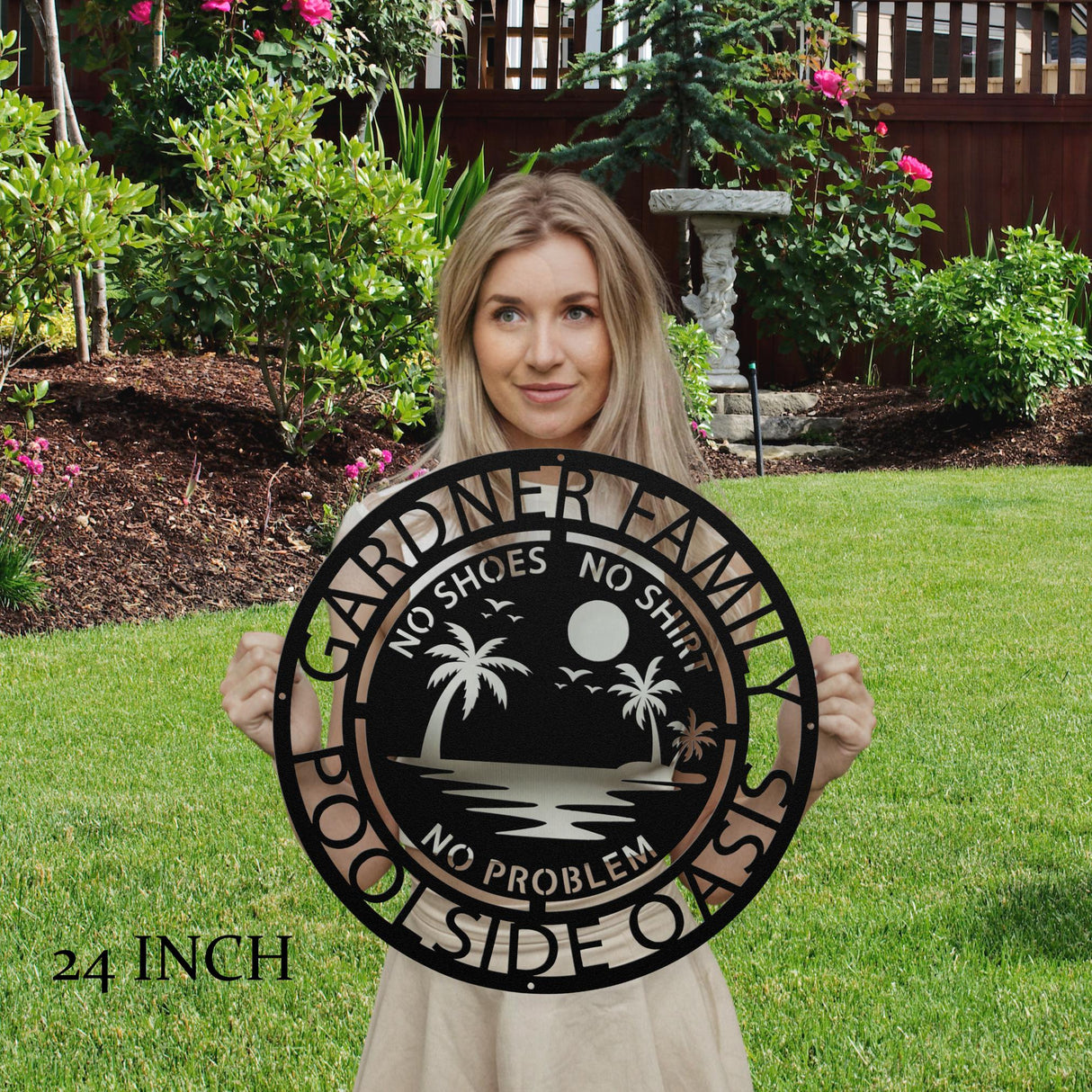 Backyard Pool Sign Metal Custom Family Poolside Decor No Shoes Shirt Problem Beach House Wall Art Funny Outdoor Patio Pool Owner Gift