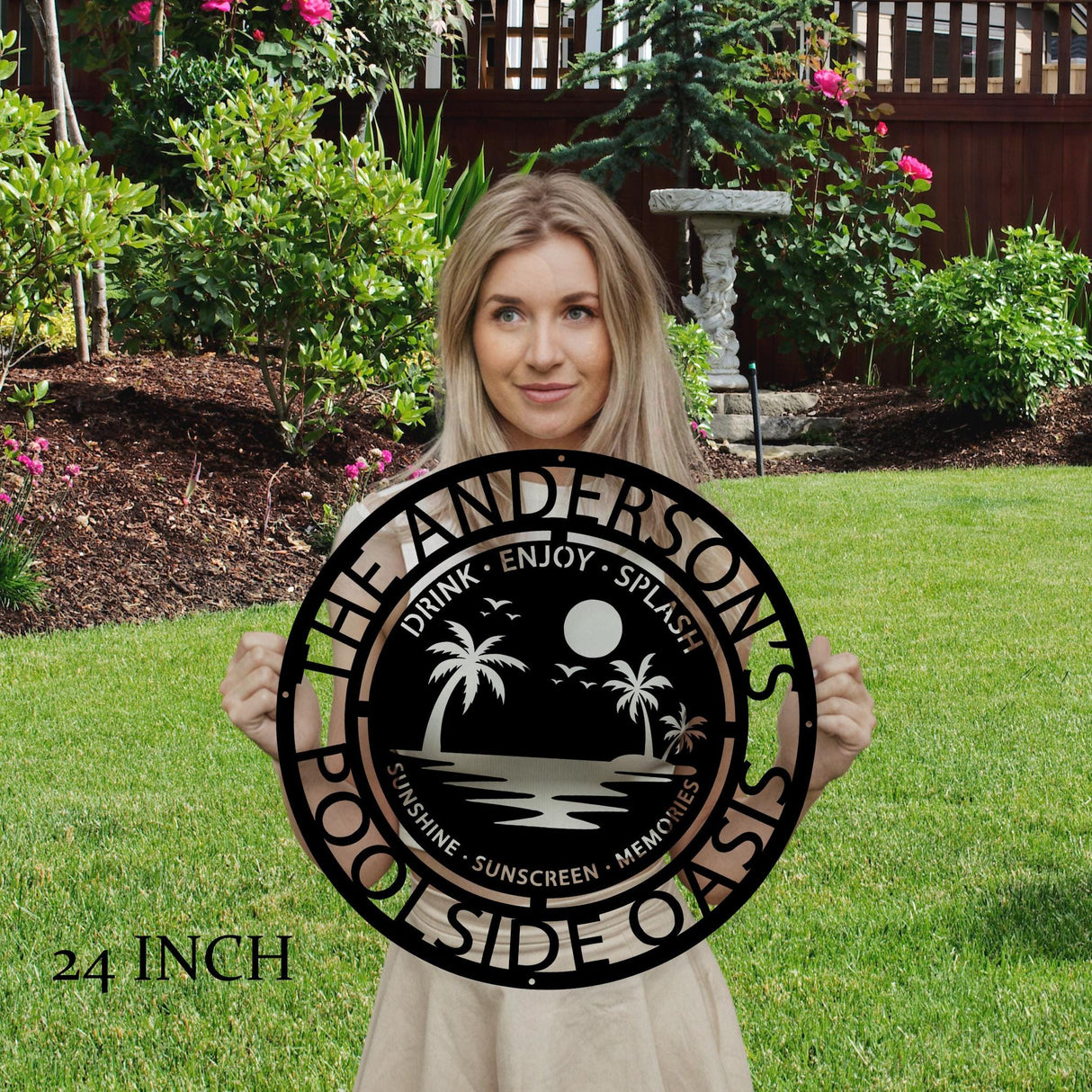 Flip-Flops & Sunscreen Poolside Sign Tropical Metal Wall Art Personalized Family Backyard Splash Memories Décor Summer Patio Sign