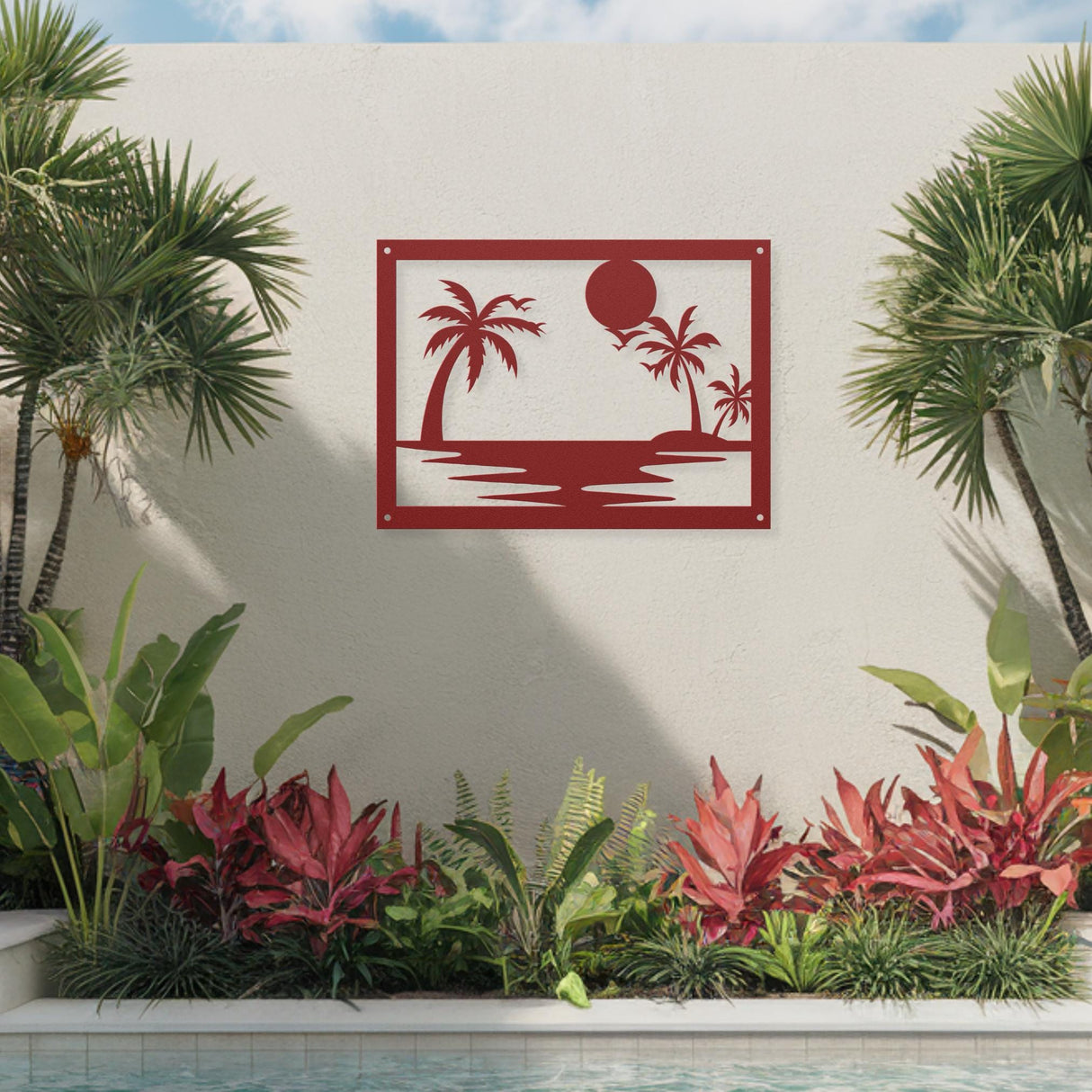 Tropical Wall Art Metal Sign Poolside Hanging Decor Exterior Laser Cut Metal Wall Art Decorative Beach House Patio Steel Outdoor Decoration