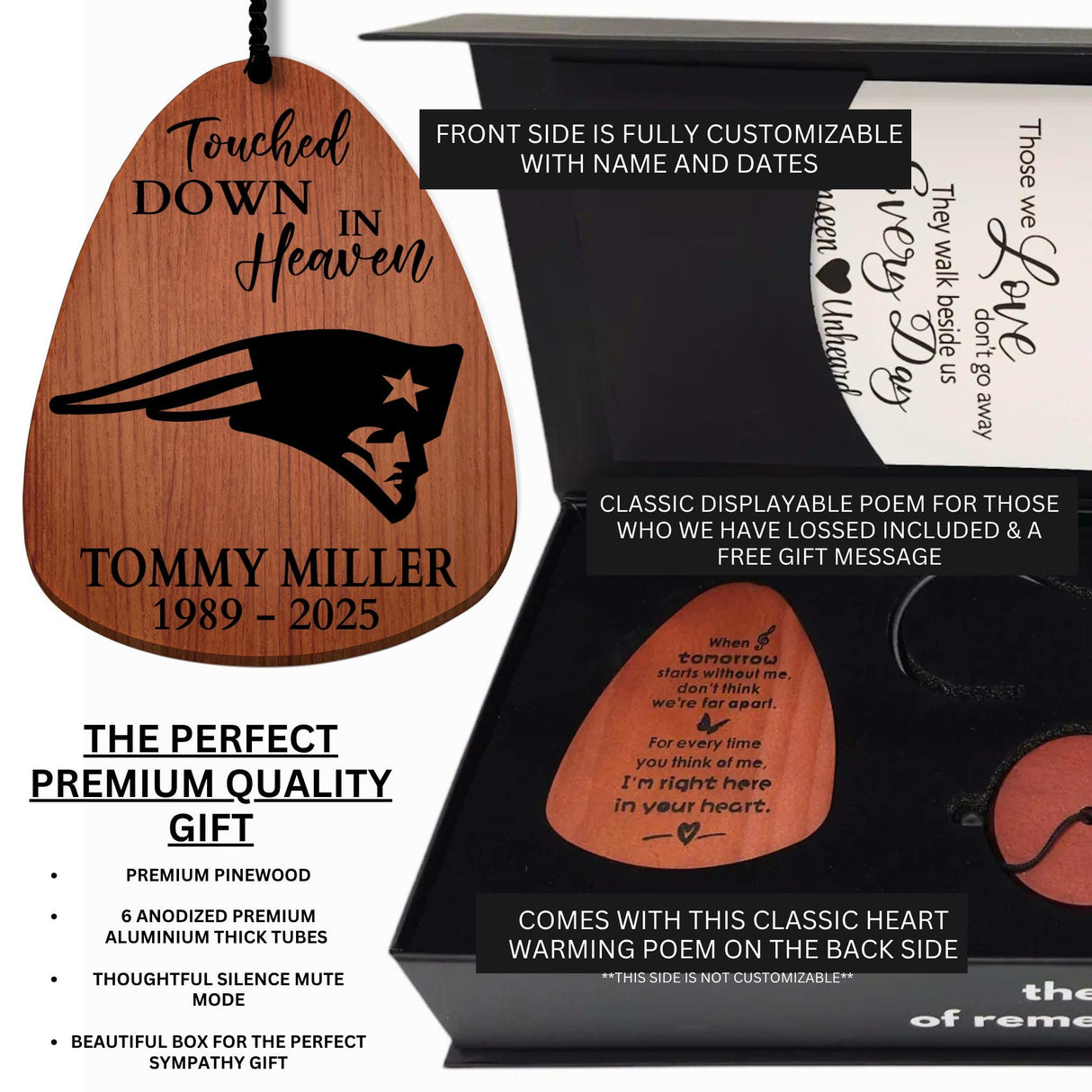 Personalized New England Patriots Memorial Wind Chime Gift Box Football Grief Gift for Loss of Sports Fan Dad Remembrance Wooden Wind Chime