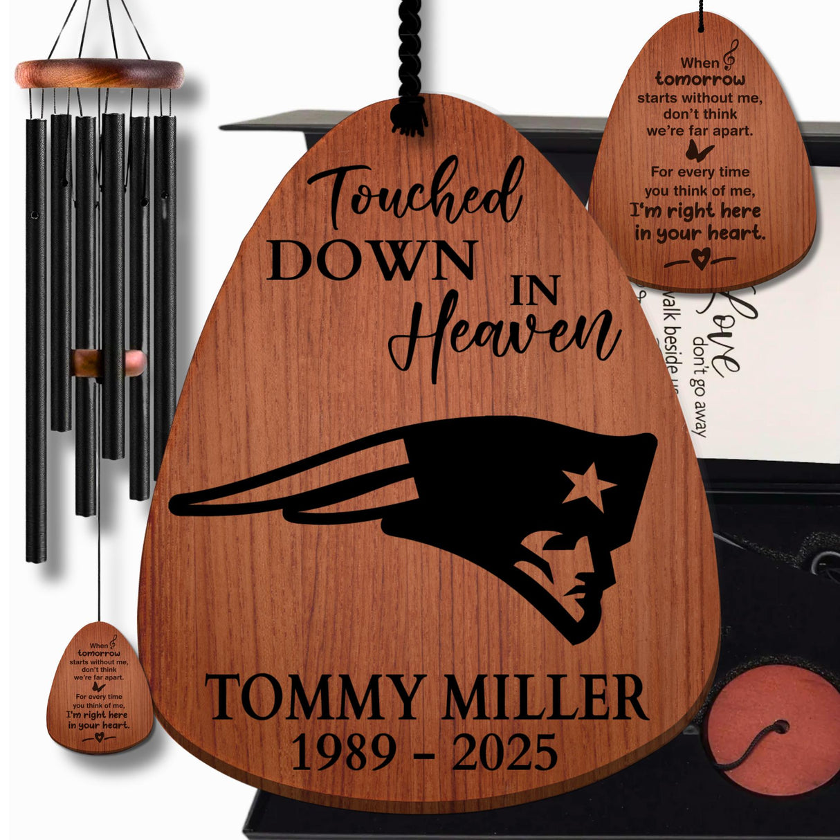 Personalized New England Patriots Memorial Wind Chime Gift Box Football Grief Gift for Loss of Sports Fan Dad Remembrance Wooden Wind Chime