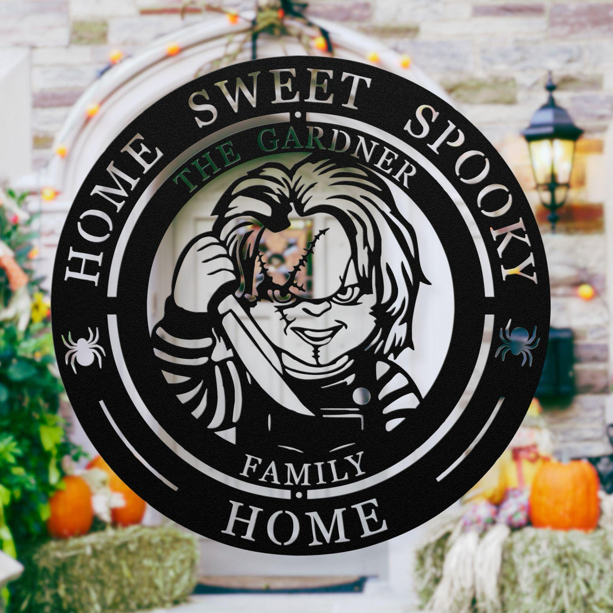 Home Sweet Spooky Home Sign Personalized Halloween Front Door Decorations Chucky Horror Film Collector Halloween Hanging Front Porch Sign