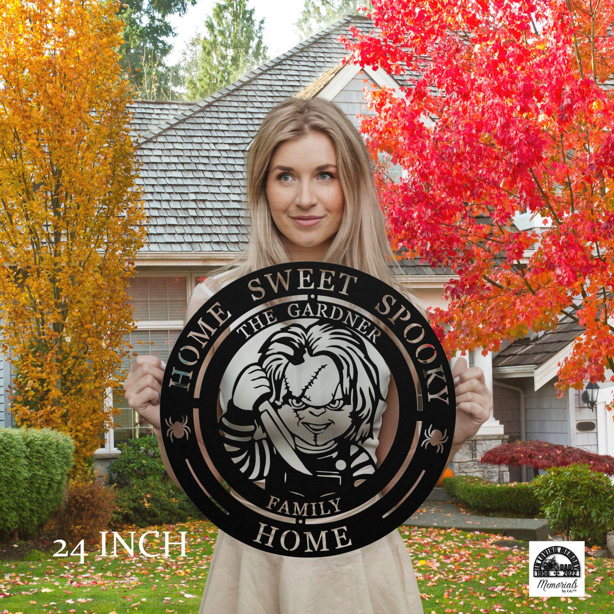 Home Sweet Spooky Home Sign Personalized Halloween Front Door Decorations Chucky Horror Film Collector Halloween Hanging Front Porch Sign