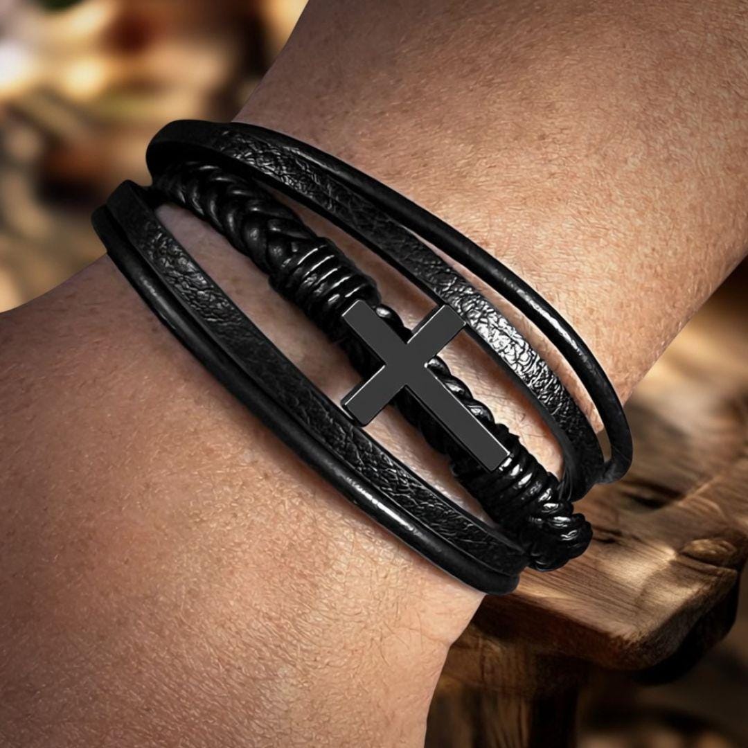 Men's Cross Leather Bracelet Memorial Gift - Farming Heaven's Fields Tractor Sympathy for Dad