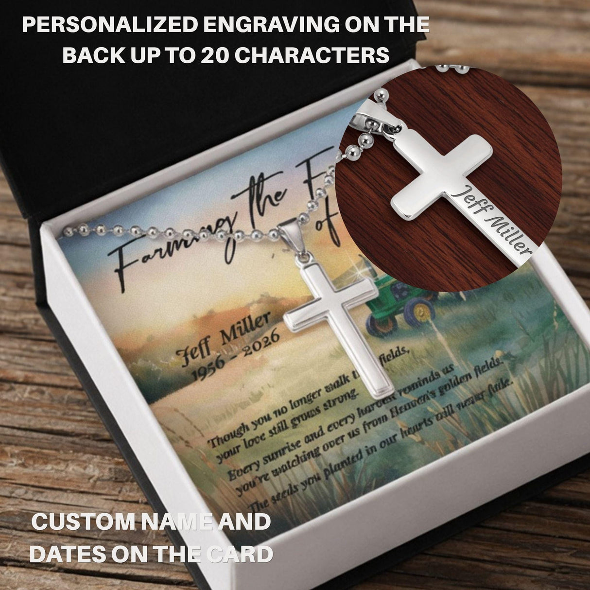 Farming the Fields of Heaven - Personalized Memorial Cross Necklace for Farmer Grandpa