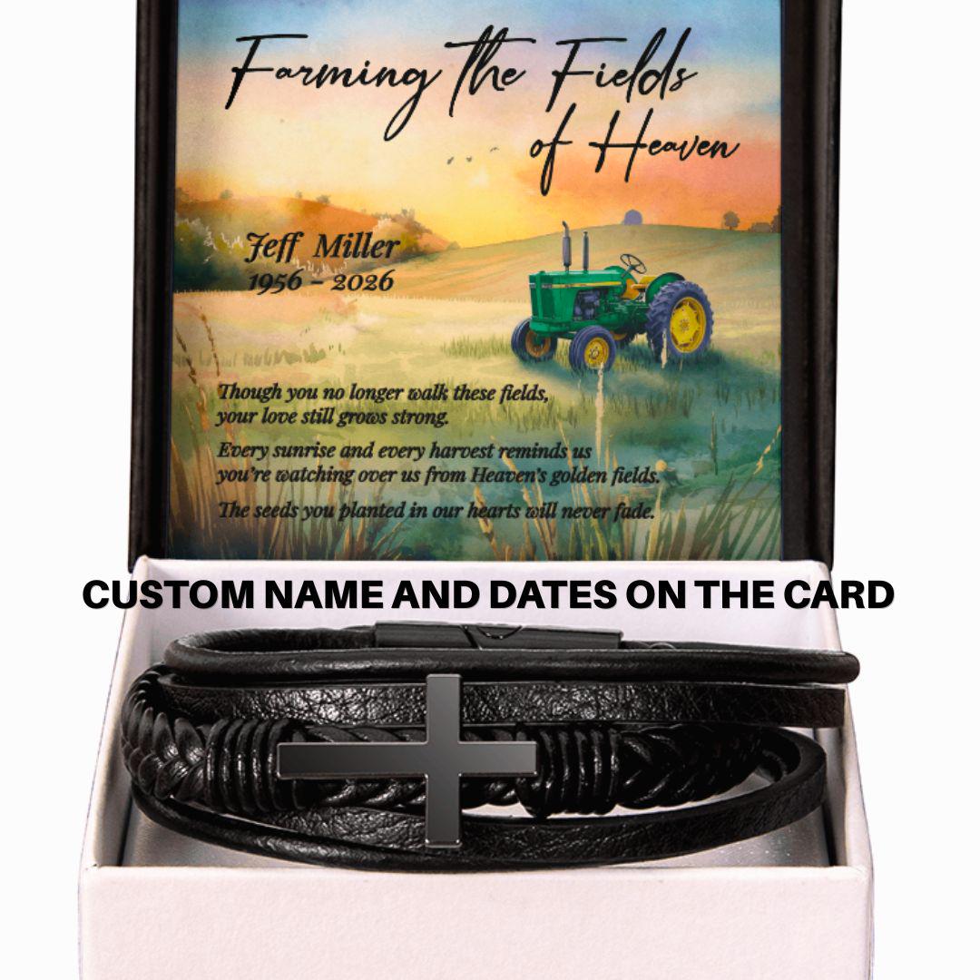 Men's Cross Leather Bracelet Memorial Gift - Farming Heaven's Fields Tractor Sympathy for Dad