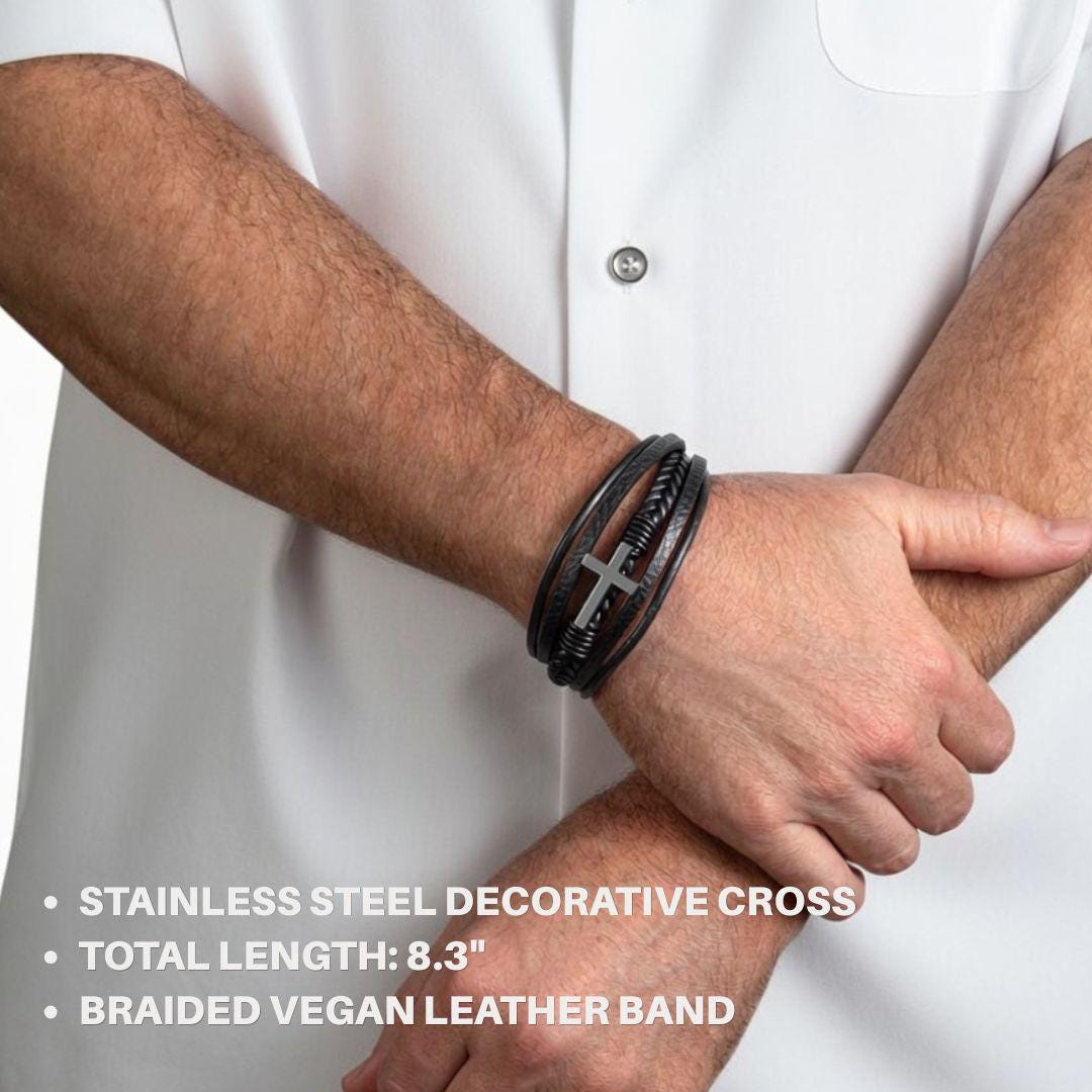 Men's Cross Leather Bracelet Memorial Gift - Farming Heaven's Fields Tractor Sympathy for Dad