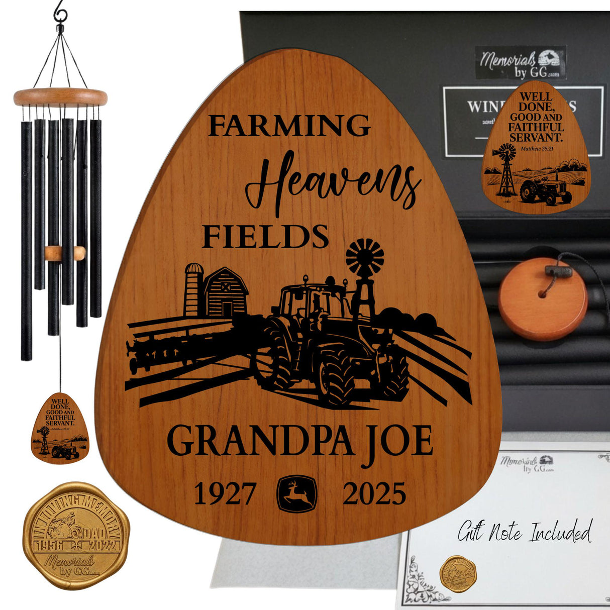 Farm Theme Memorial Wind Chimes - Laser Engraved Farming Sympathy Gift for Farmer Dad