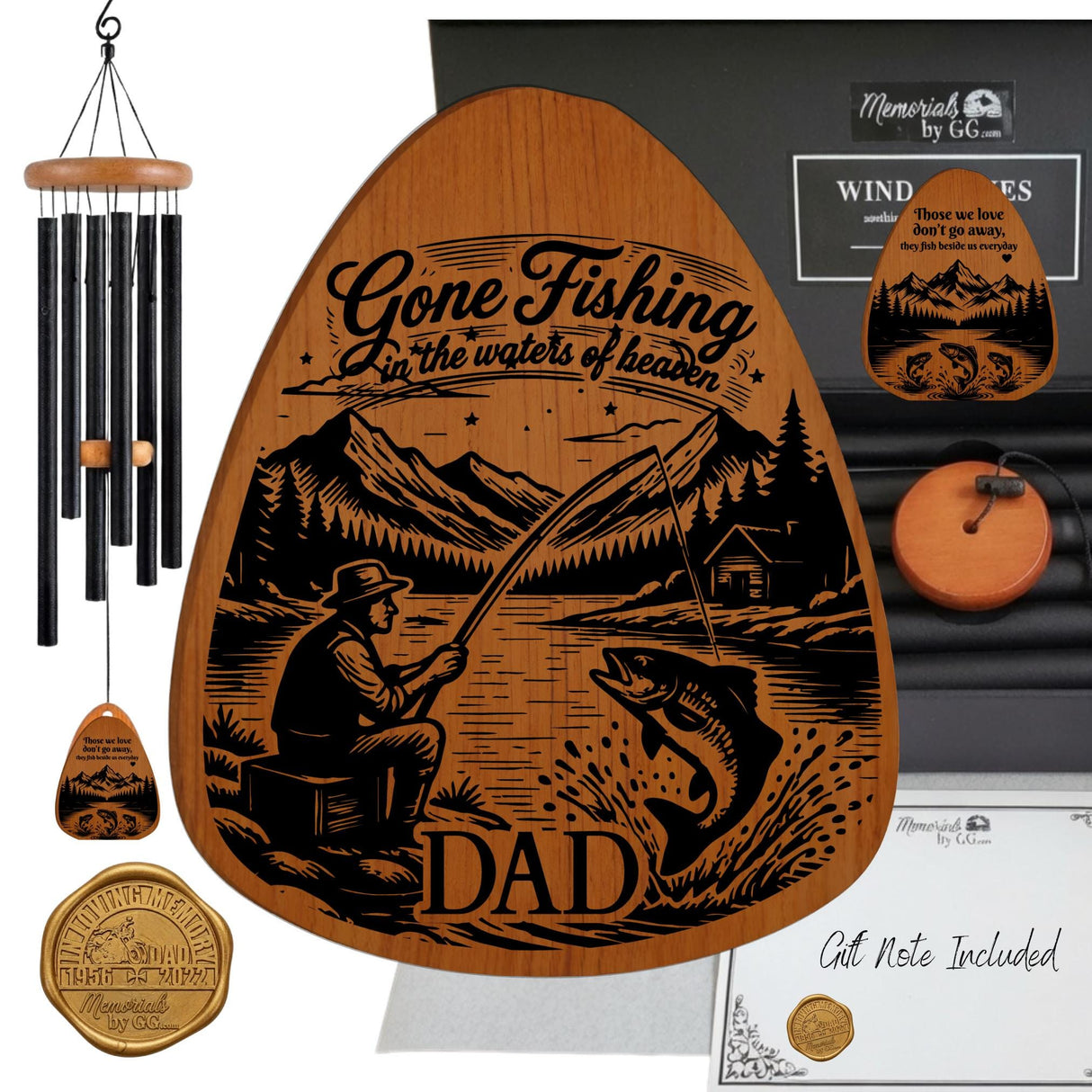 Gone Fishing Memorial Wind Chime Gift - Fishing in Heaven Sympathy Gift Loss of Dad