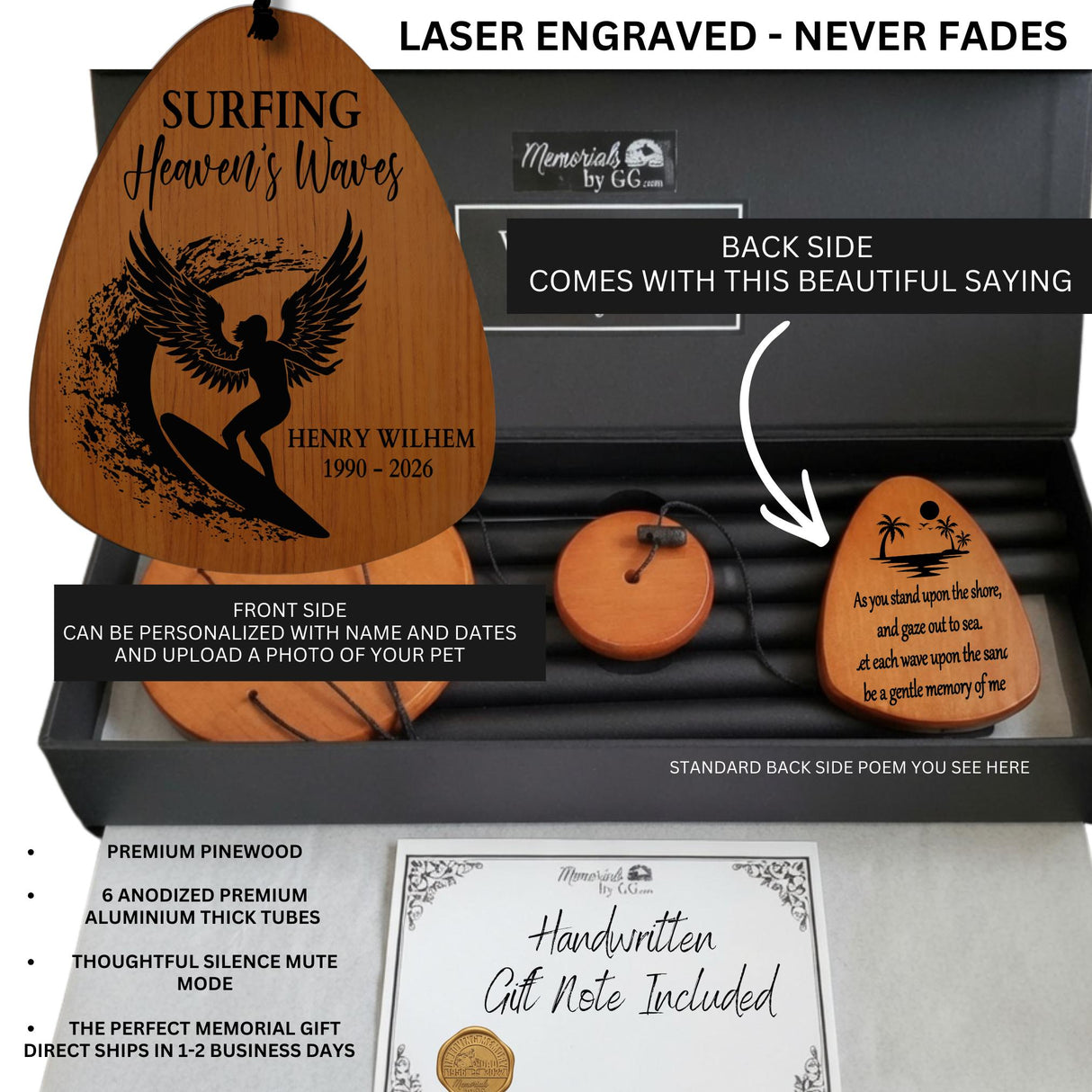 Personalized Surfer Memorial Wind Chime – Laser Engraved Surfing Heaven's Waves Sympathy Gift