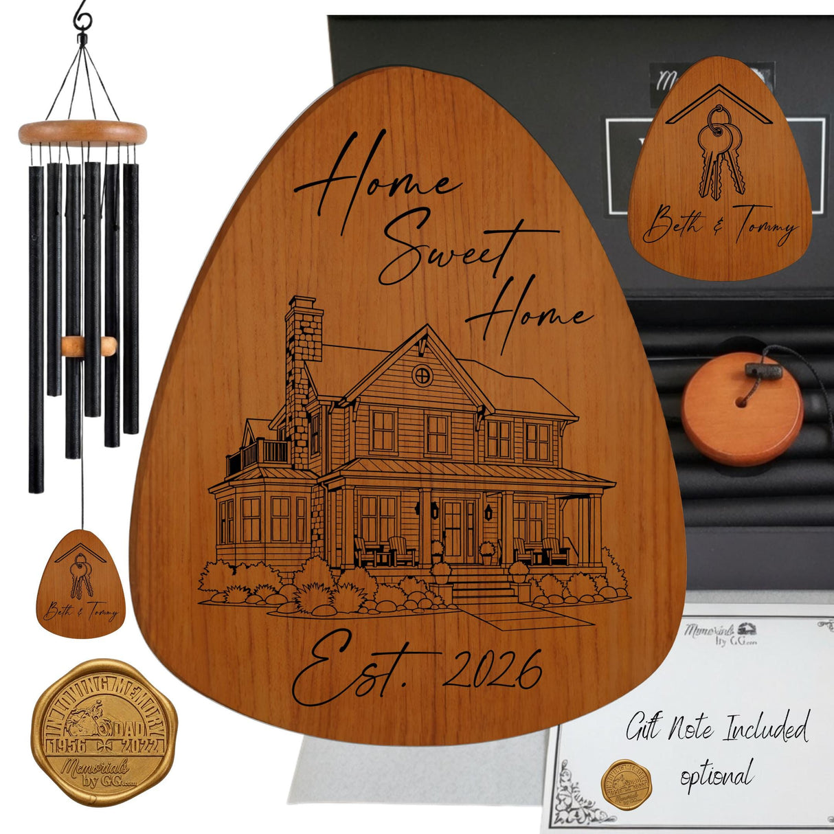 Personalized Housewarming Gift Wind Chime, Custom New Home Gift for Couple, Engraved Wooden House Warming Windchimes Outdoor Porch Decor