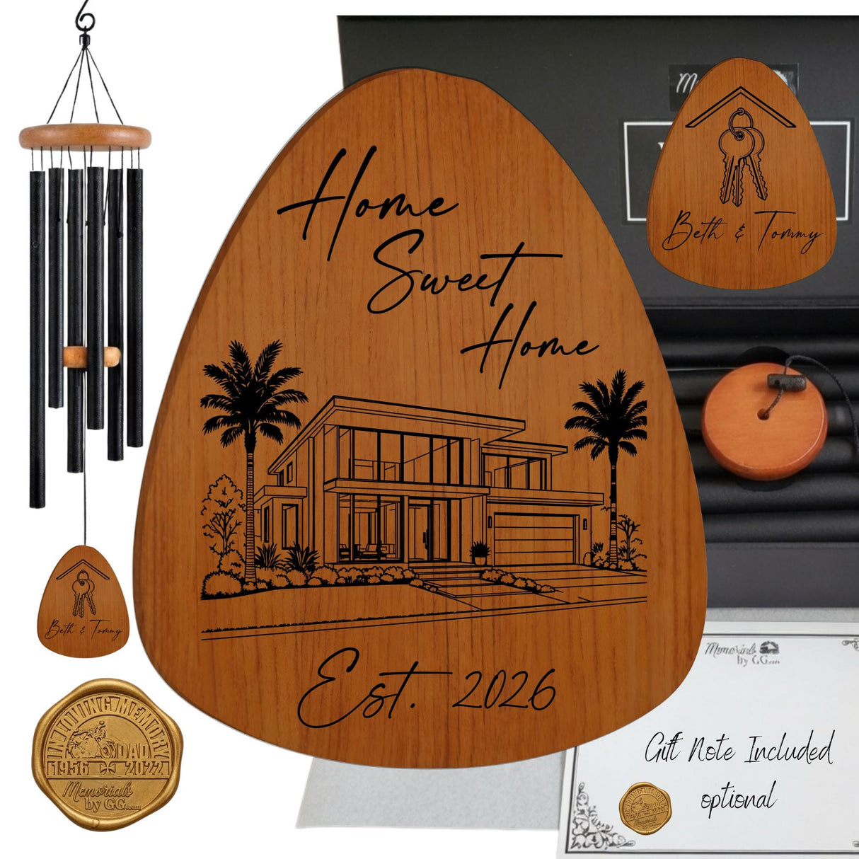 Tropical Housewarming Gift Wind Chime, Personalized New Home Gift for Couple, Laser Engrave Wooden House Warming Outdoor Porch Decor
