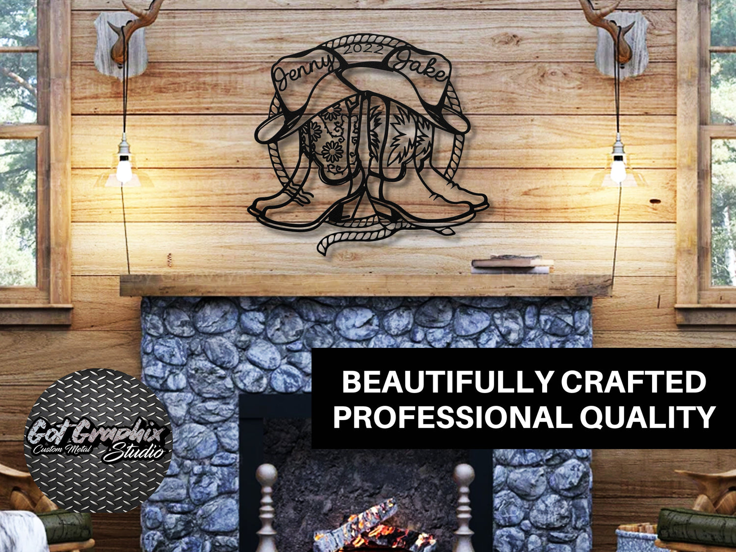 Cowboy Cowgirl Western Boots Personalized Metal Sign, Western Farmhouse Decor, Country New Home Gift, Southwestern Newly Wed Gift for Couple