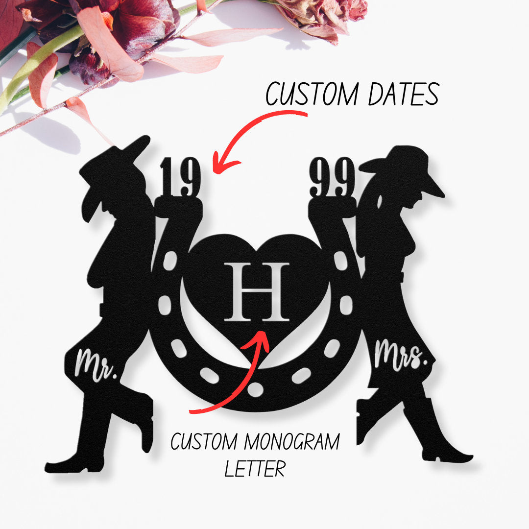 Personalized Rustic Farmhouse Horseshoe Wedding Gift | Mr and Mrs Cowboy Cowgirl Anniversary Gift, Country Western Farmhouse New Home Gift