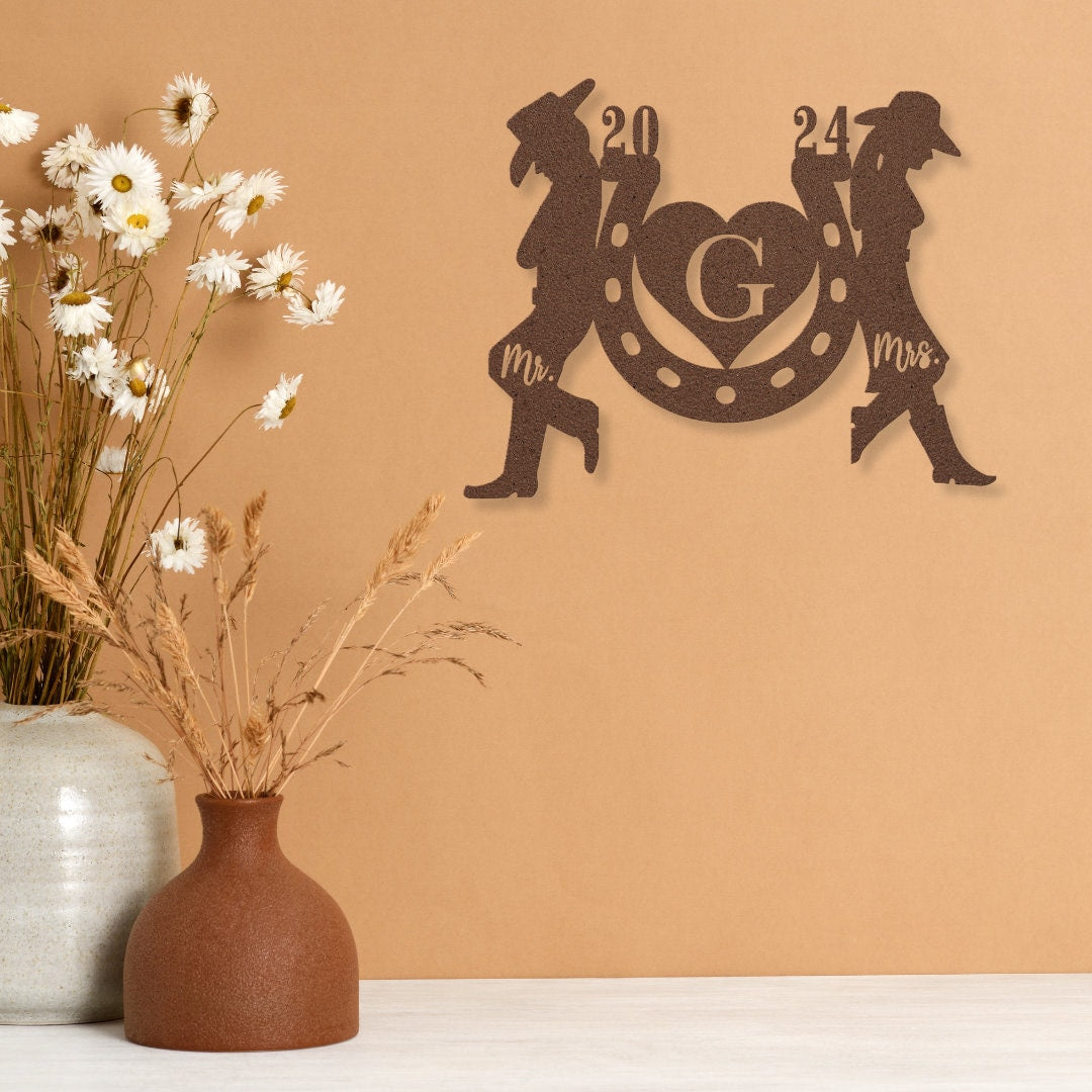 Personalized Rustic Farmhouse Horseshoe Wedding Gift | Mr and Mrs Cowboy Cowgirl Anniversary Gift, Country Western Farmhouse New Home Gift