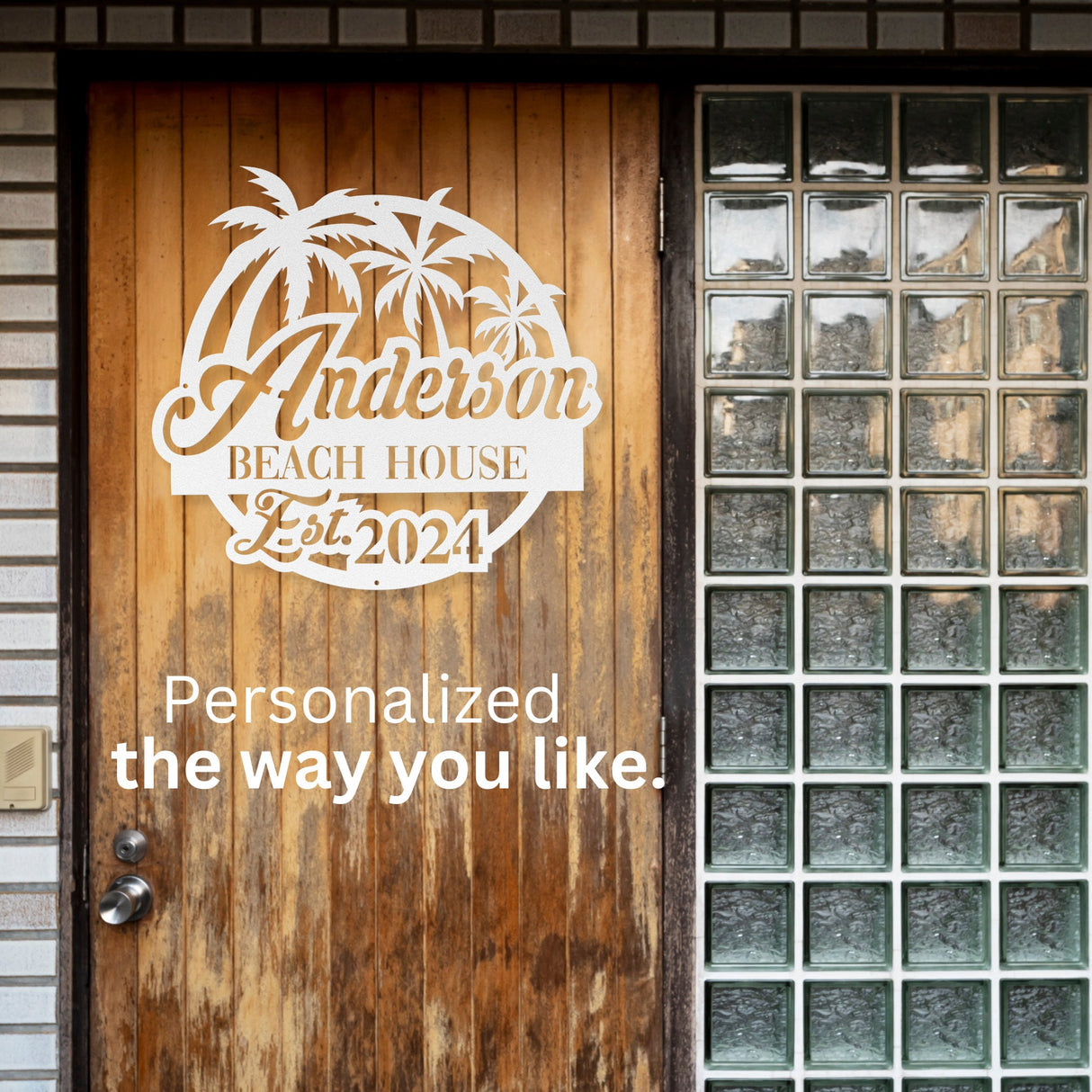 Tropical Beach House Metal Sign, Personalized Palm Tree Family Poolside Patio Oasis Hanging Decor for House Warming Gift