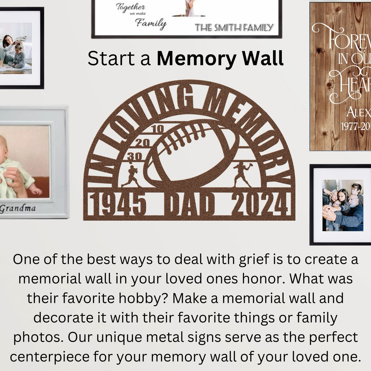 Honoring Football Player Memorial Gift - Custom Sports Tribute Memory Memorial Metal Wall Sign or Mens Boys Kid Gravesite Marker Remembrance