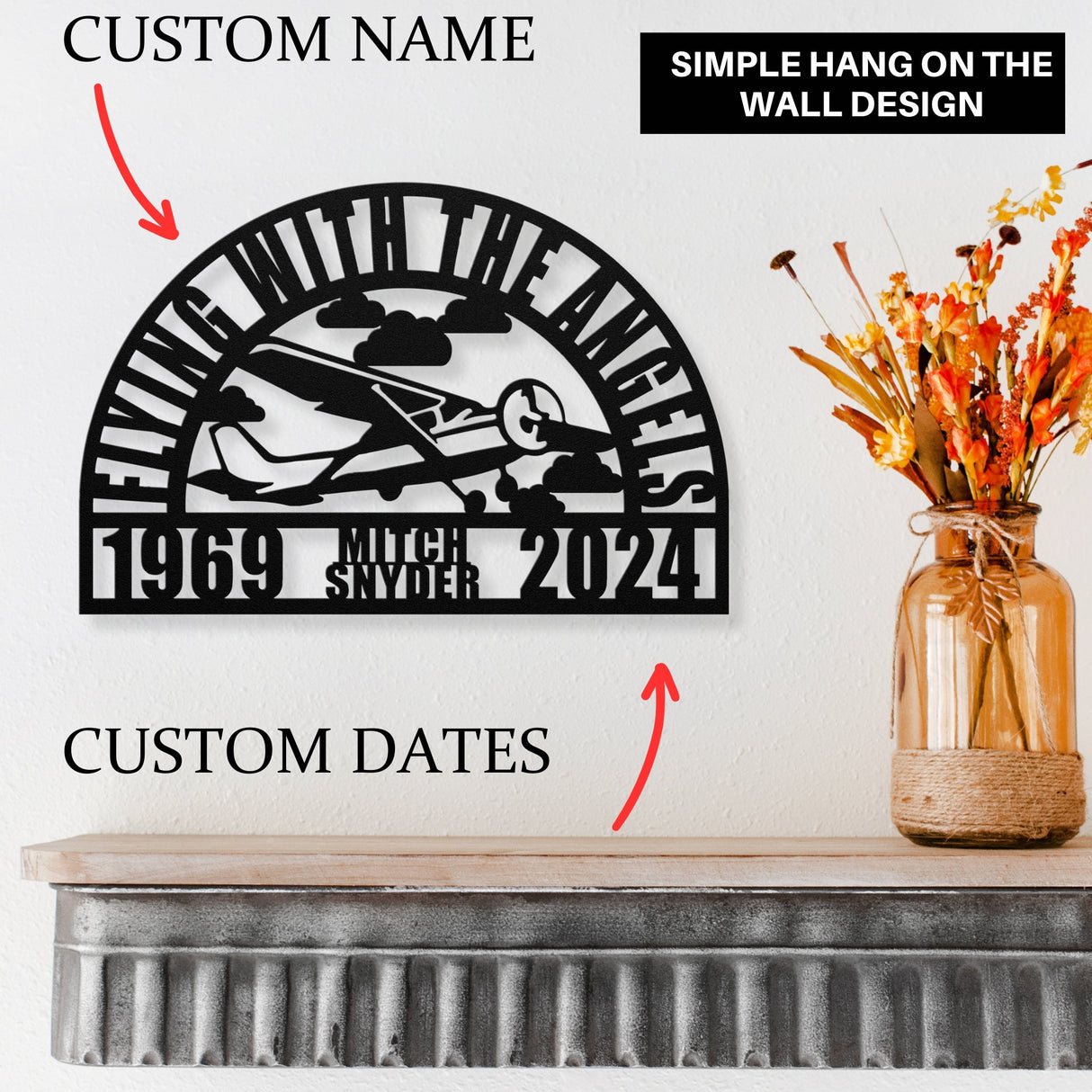 Light Aircraft Pilot Remembrance Gifts for Men, Flying With The Angels Memorial Metal Sign, Custom Airplane Sympathy Gift Loss of Husband