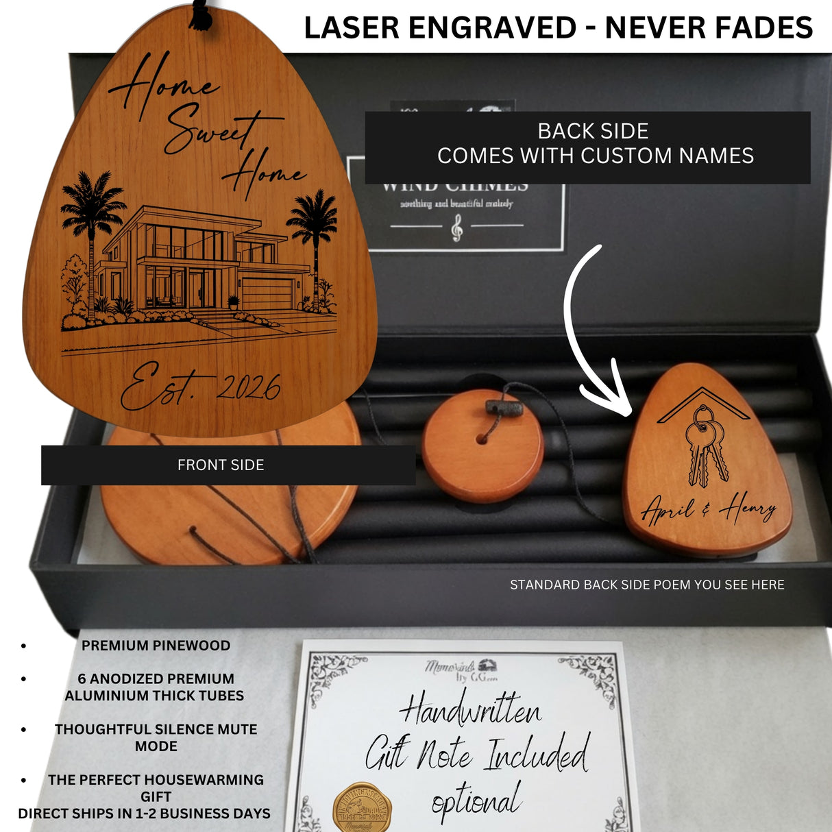 Personalized Housewarming Gift Wind Chime, Custom New Home Gift for Couple, Engraved Wooden House Warming Windchimes Outdoor Porch Decor