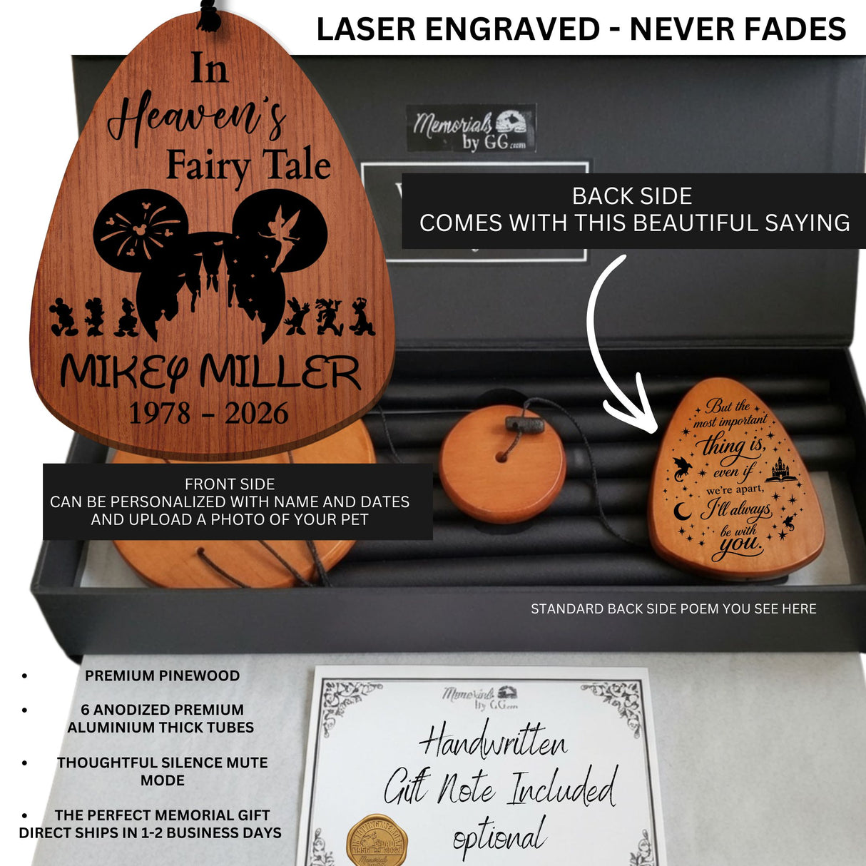 Personalized wooden memorial keepsake set in a black gift box, including a large teardrop-shaped wooden plaque engraved with a Disney castle and Mickey silhouette, a small round wooden mute tube, and a wooden note card. Text overlays describe laser engraving permanence and product features.