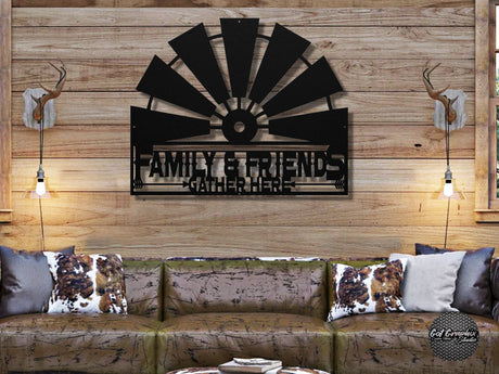 Farmhouse Windmill Wall Decor, Farm Wall Decor, Family and Friends Gather Here Metal Sign, Farmhouse Style Windmill Blades Rustic Wall Art