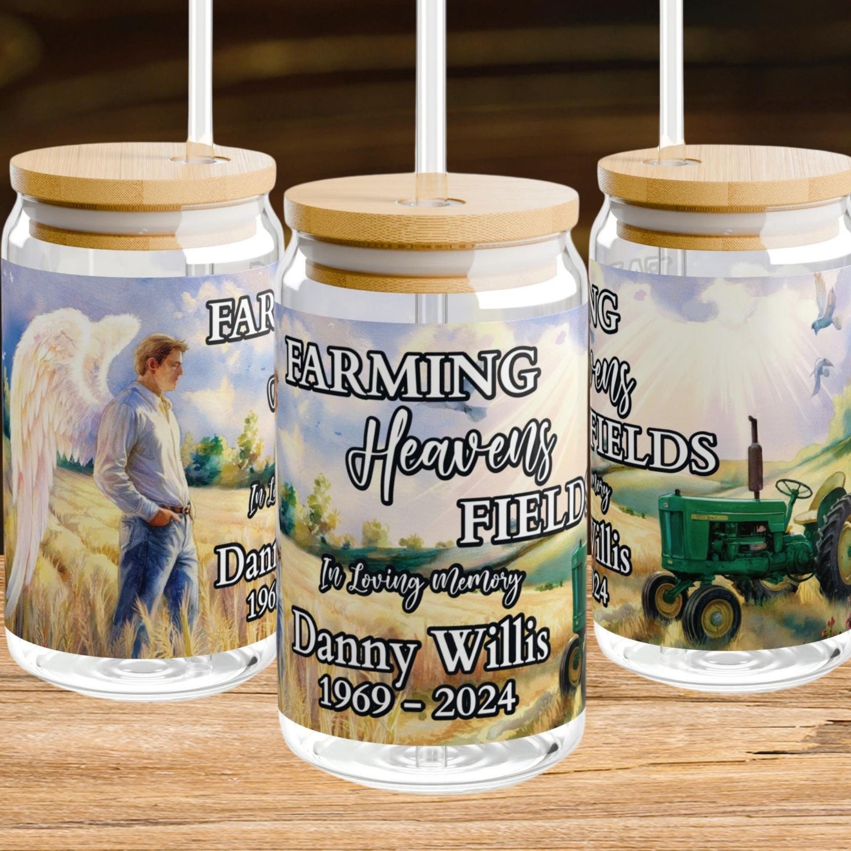 Memorial Gift for Farmer John Deere Tractor 16 Oz Glass Cup with Lid and Straw