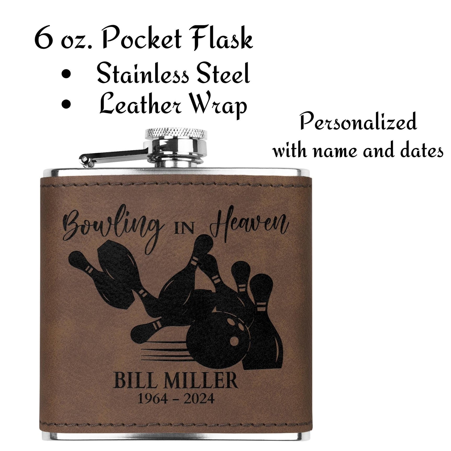 Bowling Memorial Leather Steel Flask Personalized Stocking Stuff Gift