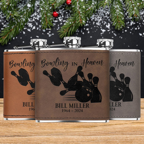 Bowling Memorial Leather Steel Flask Personalized Stocking Stuff Gift