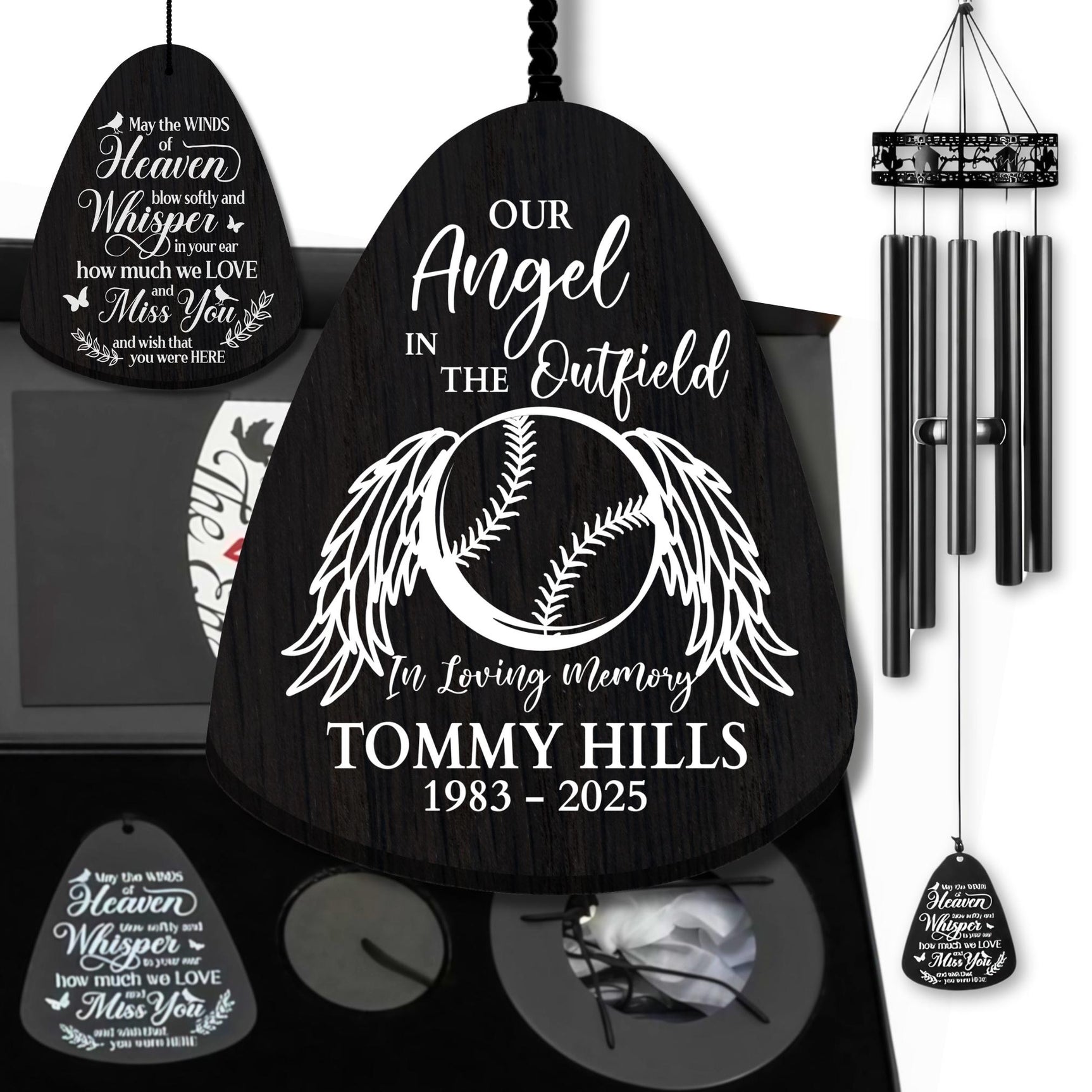 Custom Baseball Memorial Windchime – Loss of Son Gift, Personalized Remembrance Wind Chime with Angel Wings