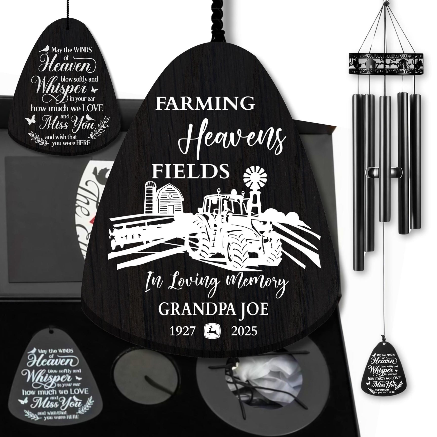 Black Farmer Memorial Wind Chimes – Personalized Tractor Remembrance Gift, In Loving Memory for Farm Families