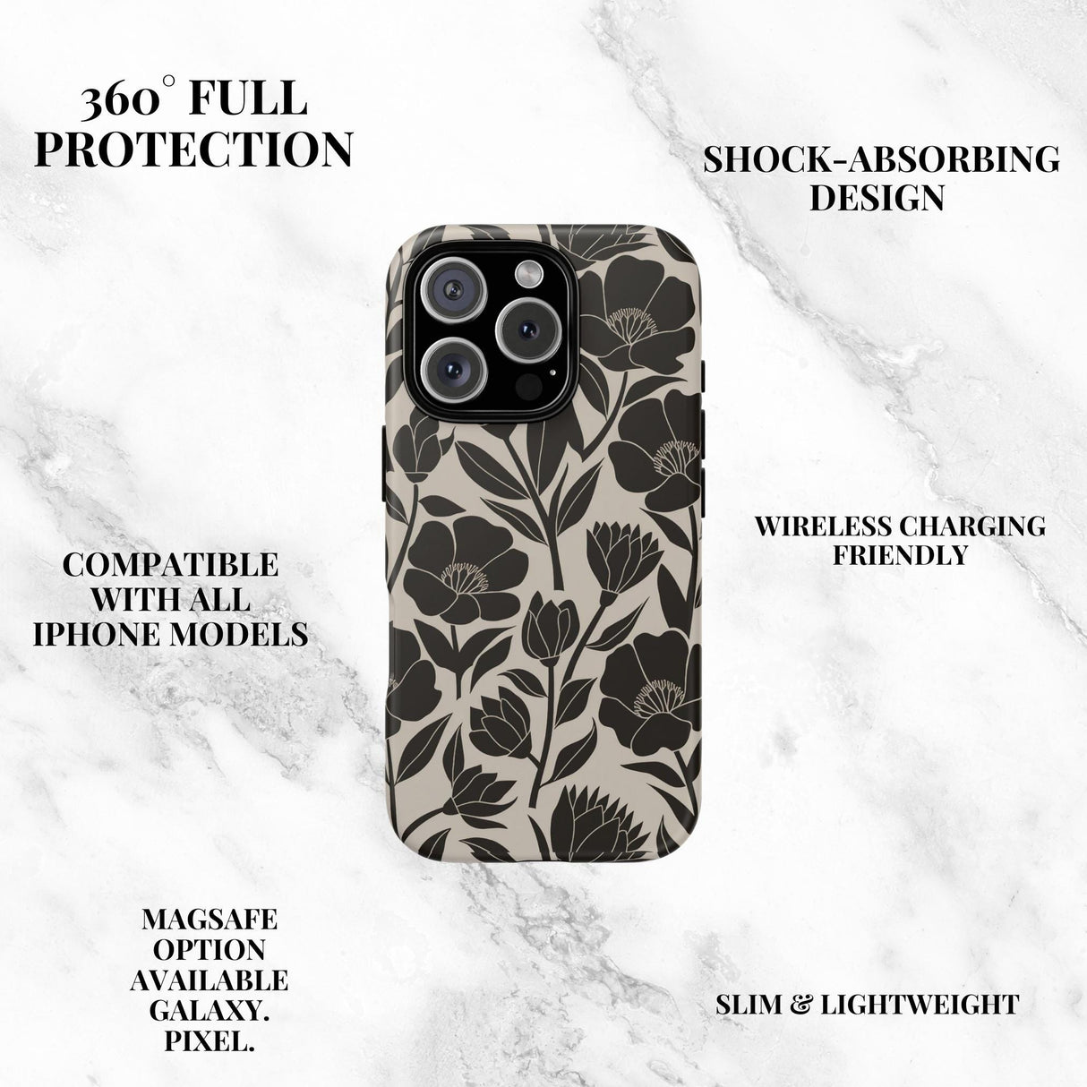Iphone 16 Case Black and White Floral Design Iphone 15 Contrast Iphone Pro Max 13 14 Tough Case 8 X 10 11 12 Flowers Cell Phone Cover